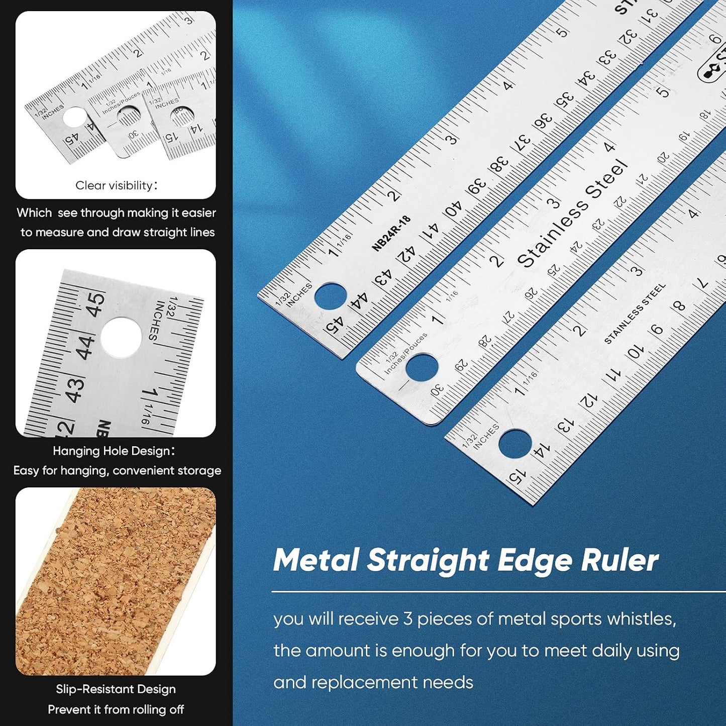 Frienda 2 Pcs Metal Ruler Cork Backed 12 Inch and 18 Inch Stainless Steel Rulers with Cork Backing Non Slip Straight Measure Edge for Student Graduation School Supply