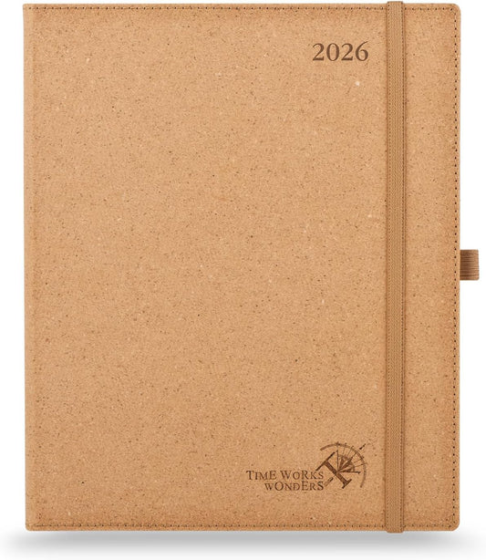 POPRUN 2026 Planner - 2026 Recycled Weekly Planner[8.5''x 10.5''- Italian Regenrated Leather Hard Cover] with Hourly Schedule & Vertical Weekly Layout, Monthly Tabs, Inner Pocket - Desert Brown