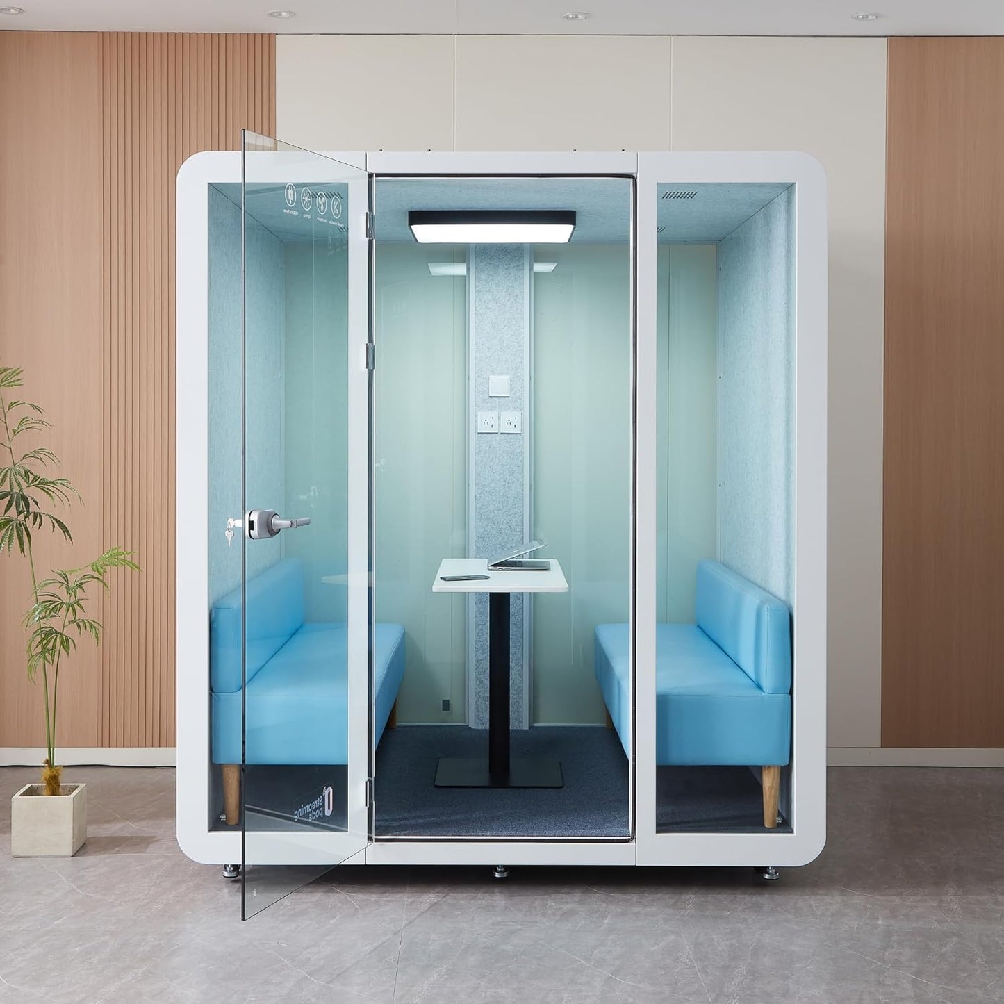 GEARONIC Mobile Office Pod Booth, Sound Proof Office Booth Pod with Mobile Roller, Larger Space for 4-6 People, LED Lighting System,Fans and AC USB Ports