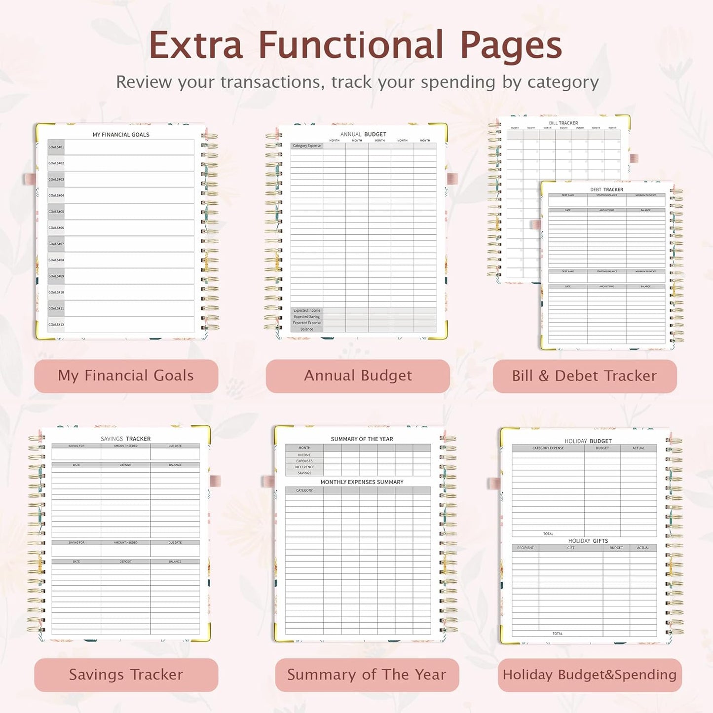 Ospelelf Budget Book Planner 8.5"x11" Large Size Undated Monthly Bill Payment Tracker Organizer Account Financial Planners with Clipboard Pockets Stickers 12 Months Productivity Aesthetic Pink Flowers
