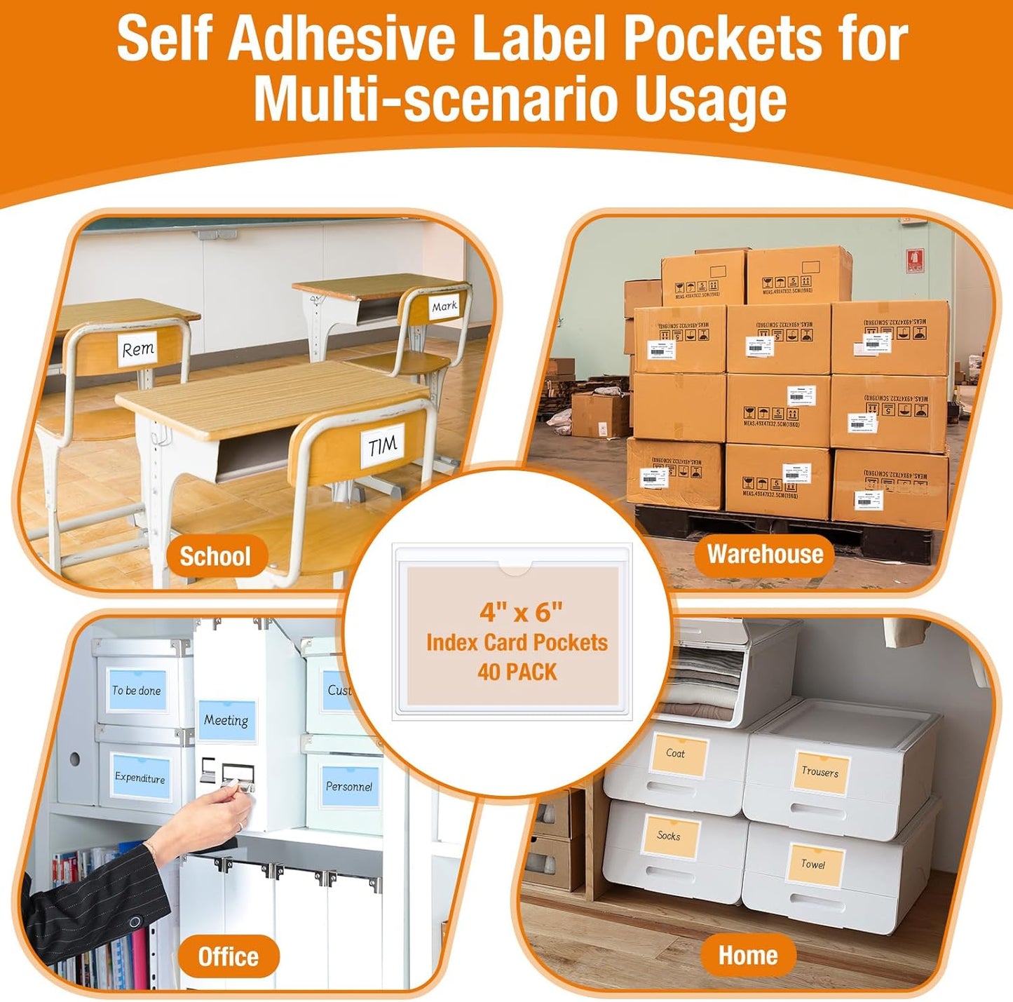 40 PCS Index Card Pockets 4"X6", Self Adhesive Card Pockets, Clear Label Pockets for Storage Bins, Plastic Labels Holders for Organizing, Loading, Drawer,Library Card, Totes, Shelves (4"X6")