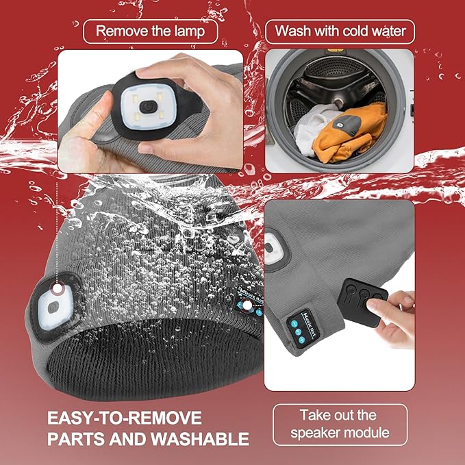 Gifts for Men, Rechargeable Bluetooth Music Unisex Beanie Hat with Light, Stocking Stuffers for Women, Birthday Gifts for Men, for Him, Grey