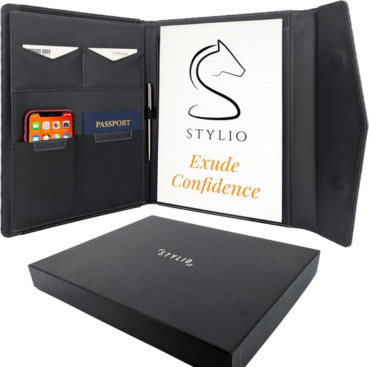 STLYIO Trifold Padfolio - Magnetic Closure. Stretchable Compartment for Tablet, Documents. Elastic Pockets for Phone, Gadgets, Passport, Travel Documents. Letter-Sized Notepad and Gift Box Included.