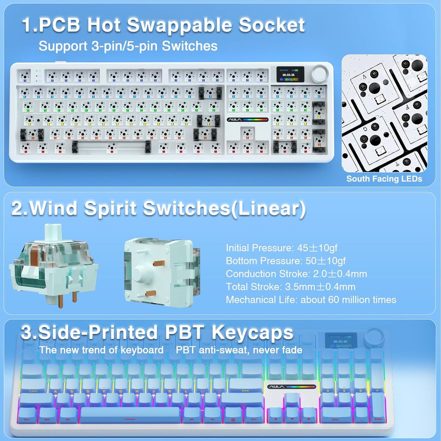 AULA F108 PRO - Wireless Mechanical Keyboard with Screen&Knob,Hot Swappable Gaming Keyboard with 8000mAh Battery,Pre-lubed Switches,RGB Backlit,PBT Keycaps Creamy Sounding Computer Keyboards,104 Keys