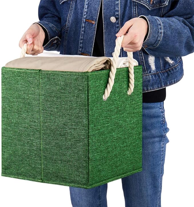 Green Foldable Polyester Fabric Storage Bins Cube Organizers,10.5x10.5x11inch,for Organizing The Clutter In The Home or Office,Set of 6,Q-ST-52-6