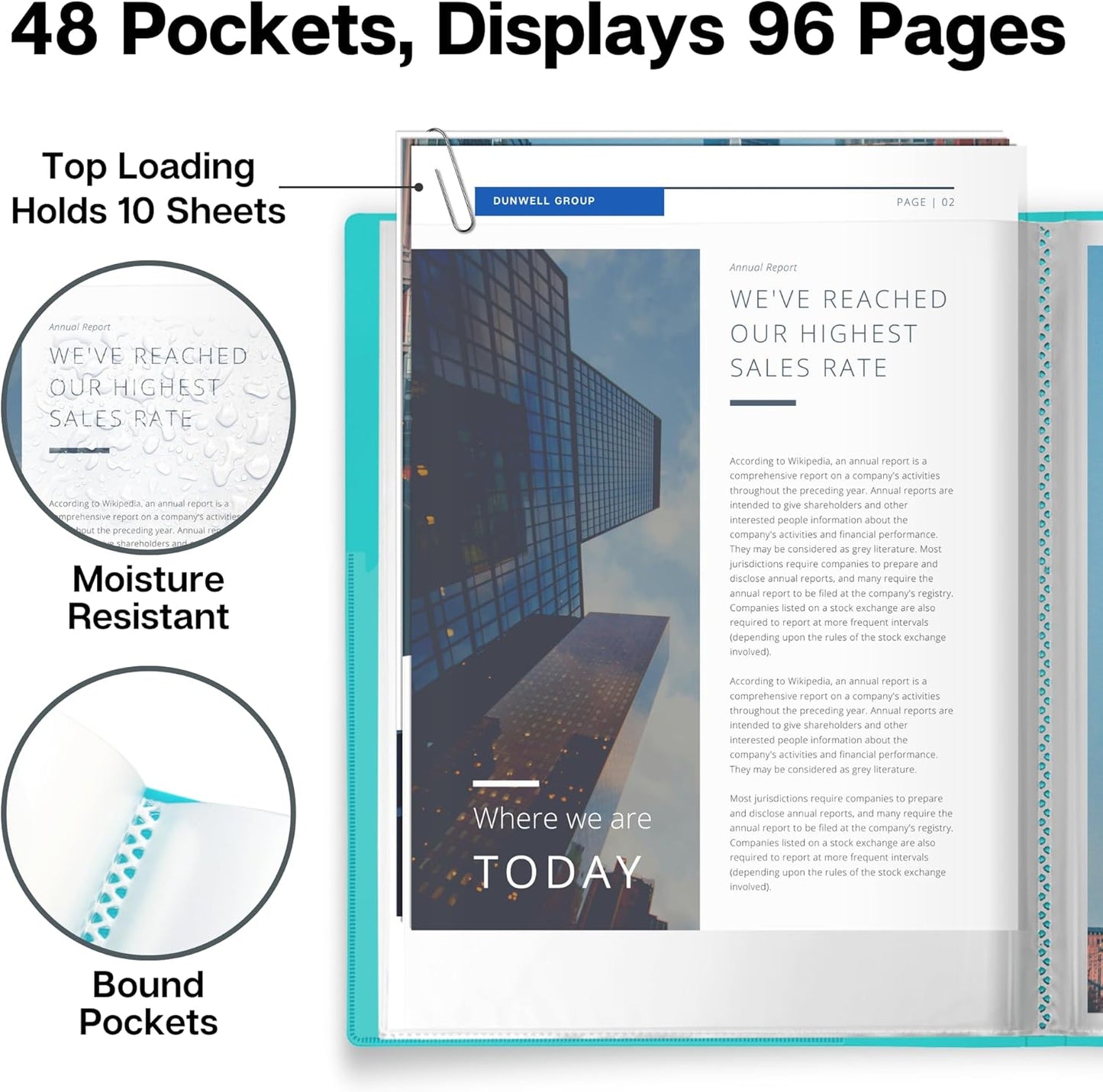 Dunwell Presentation Binder 48-Pocket, Displays 96 Pages, 8.5x11 Portfolio Binder with Plastic Sleeves, Storage and Organizer for Documents, Photos, Kids Artwork, Projects, Recipes (Aqua)