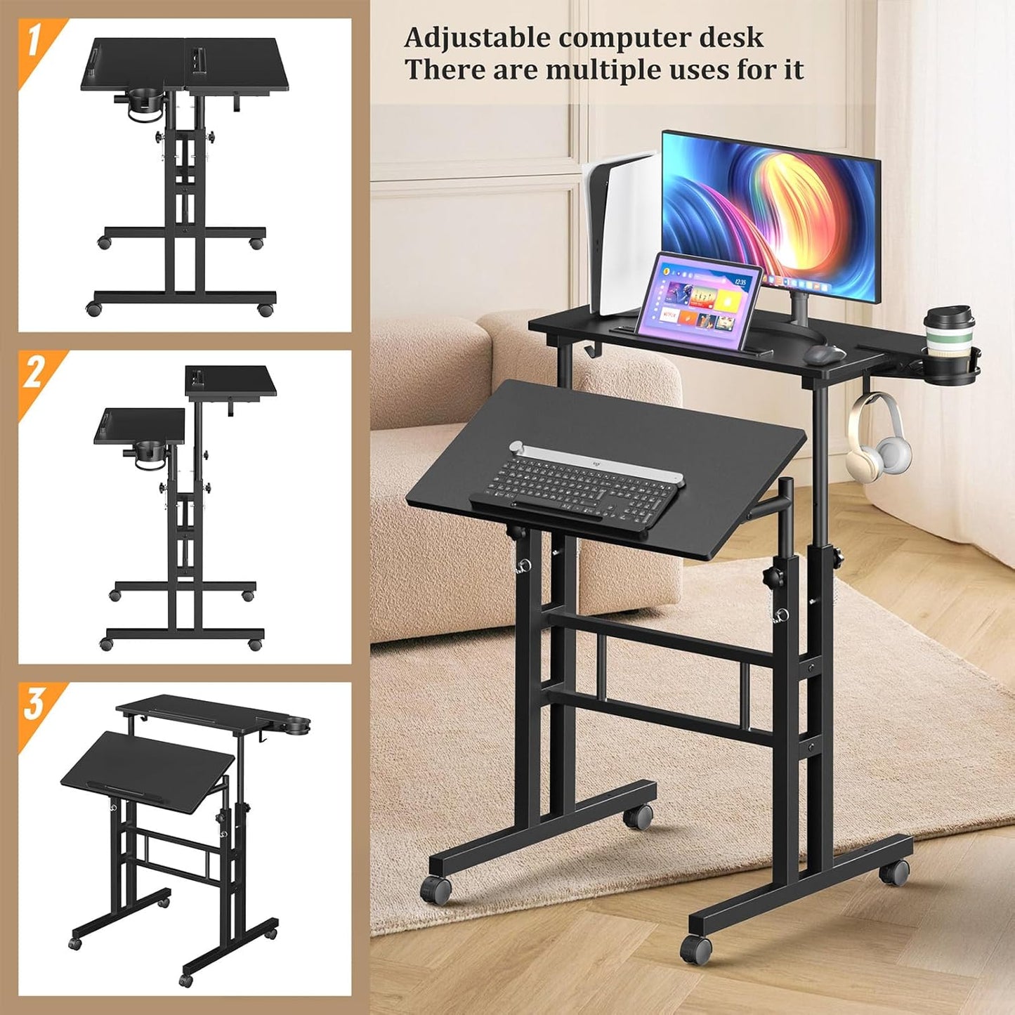 Small Standing Desk with Wheels, Mobile Stand Up Desk, Portable Standing Table on Wheels for Walking Pad, Rolling Computer Desk Adjustable Height, Tall Table