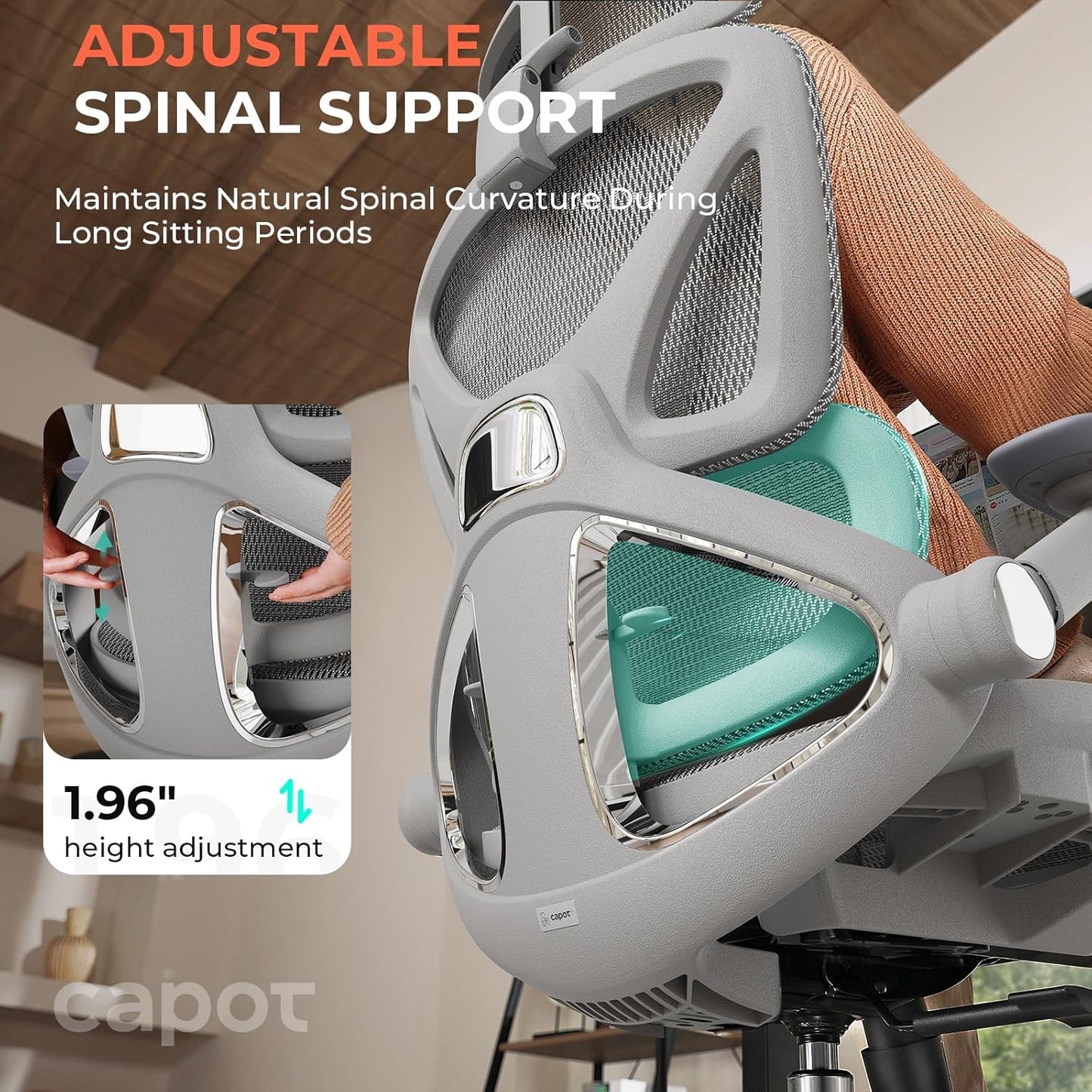 CAPOT Ergonomic Mesh Office Chair, Adjustable Lumbar High Back Desk Chair 400lbs, 4D Flip-up Arms, 3 Tilt Backrest, 3D Headrest, PU Wheels, Swivel Rolling Computer Seating for Long Desk Work - Grey