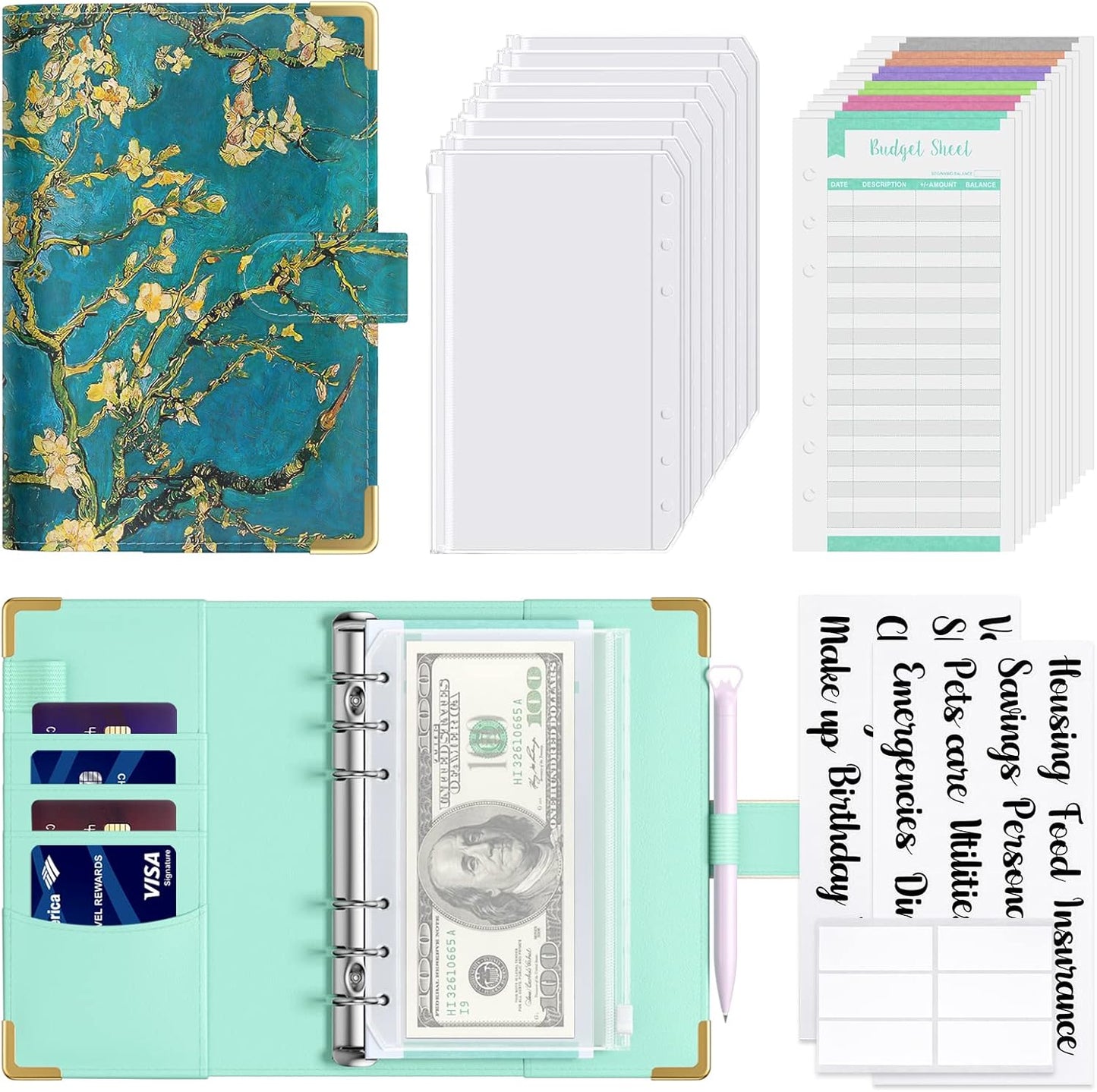 Rnivvi Budget Binder with Zipper Envelopes, A6 Money Saving Binder Cash Envelopes for Budgeting, PU Leather Planner Money Organizer for Cash Bills, Cute Floral System Wallet for Women, Blue Flower