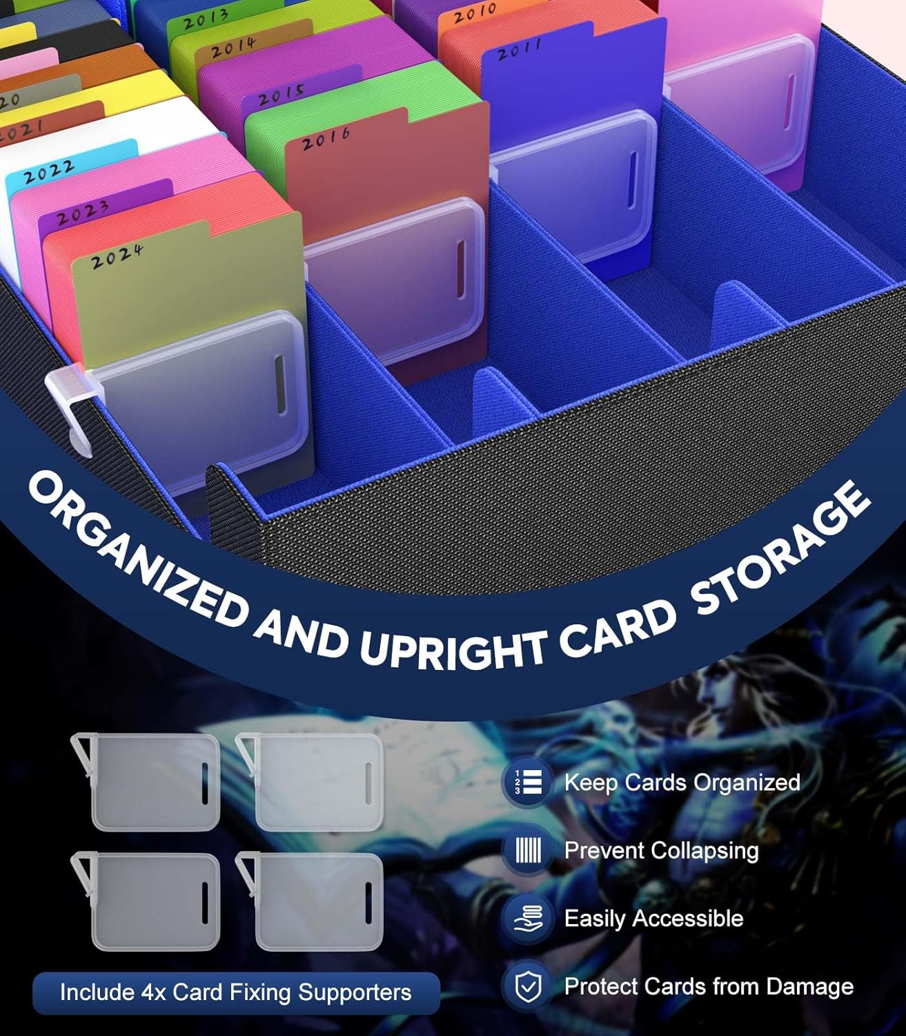 MoKo Trading Card Storage Box, 3000+ MTG Deck Box with 24 Colorful Dividers & 4 Card Supporters, Commander Card Deck Case Fits for Magic Game Cards, YugiOh, TCG, PTG and Sport Cards, Black Blue