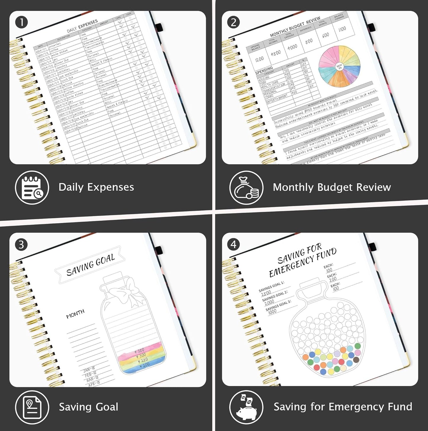Ospelelf Undated Budget Planner with Expense Tracker and Bill Organizer Large Spiral Bound Monthly Account Planners to Take Control of Your Money 12 Months Black Floral