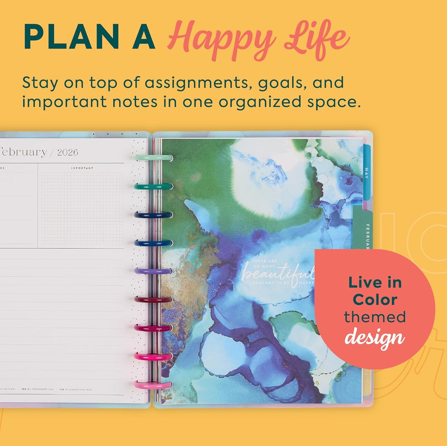 Happy Planner Disc-Bound Planner Jan.–Dec. 2026, Includes 3 Extra Months and 2 Sticker Sheets, Classic Size, 7" x 9.25", Horizontal Layout, Live in Color