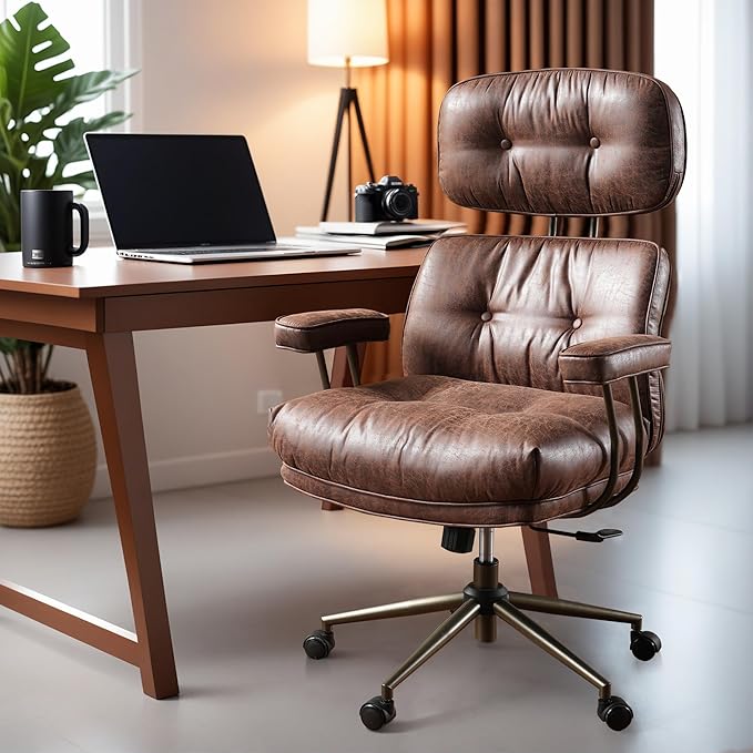 ovios Home Office Chair, Mid-Century Modern Faux PU Leather Chairs with Lumbar Support Comfy Thick Cushion, High Back Ergonomic Swivel Rolling Executive Armchair (Dark Brown, Suede Leather)