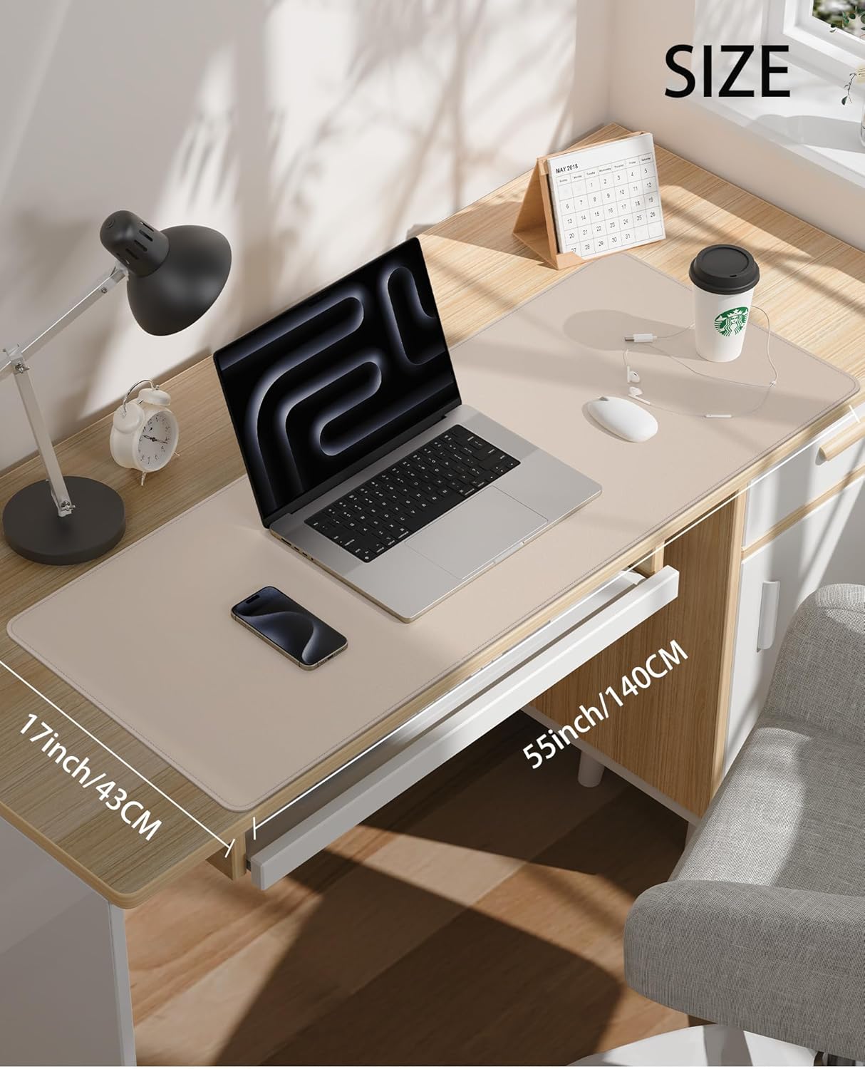 Extra Large Desk Pad Mat - Waterproof Mouse Pad & Desk Protector, Non-Slip XXL PU Leather Gaming Mat for Keyboard/Mouse, Stitched Edge with Ergonomic Support, 55"x17" (Beige)