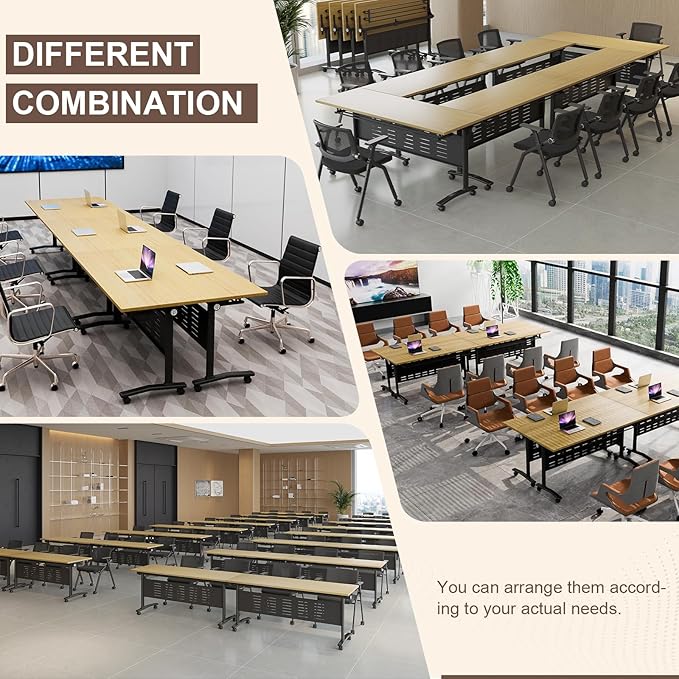Folding Conference Room Table, Modern Conference Tables with Wheels, Large Rectangular Mobile Training Tables for Office Classroom, Foldable Modular Boardroom Seminar Table Maple (10pack L63in)
