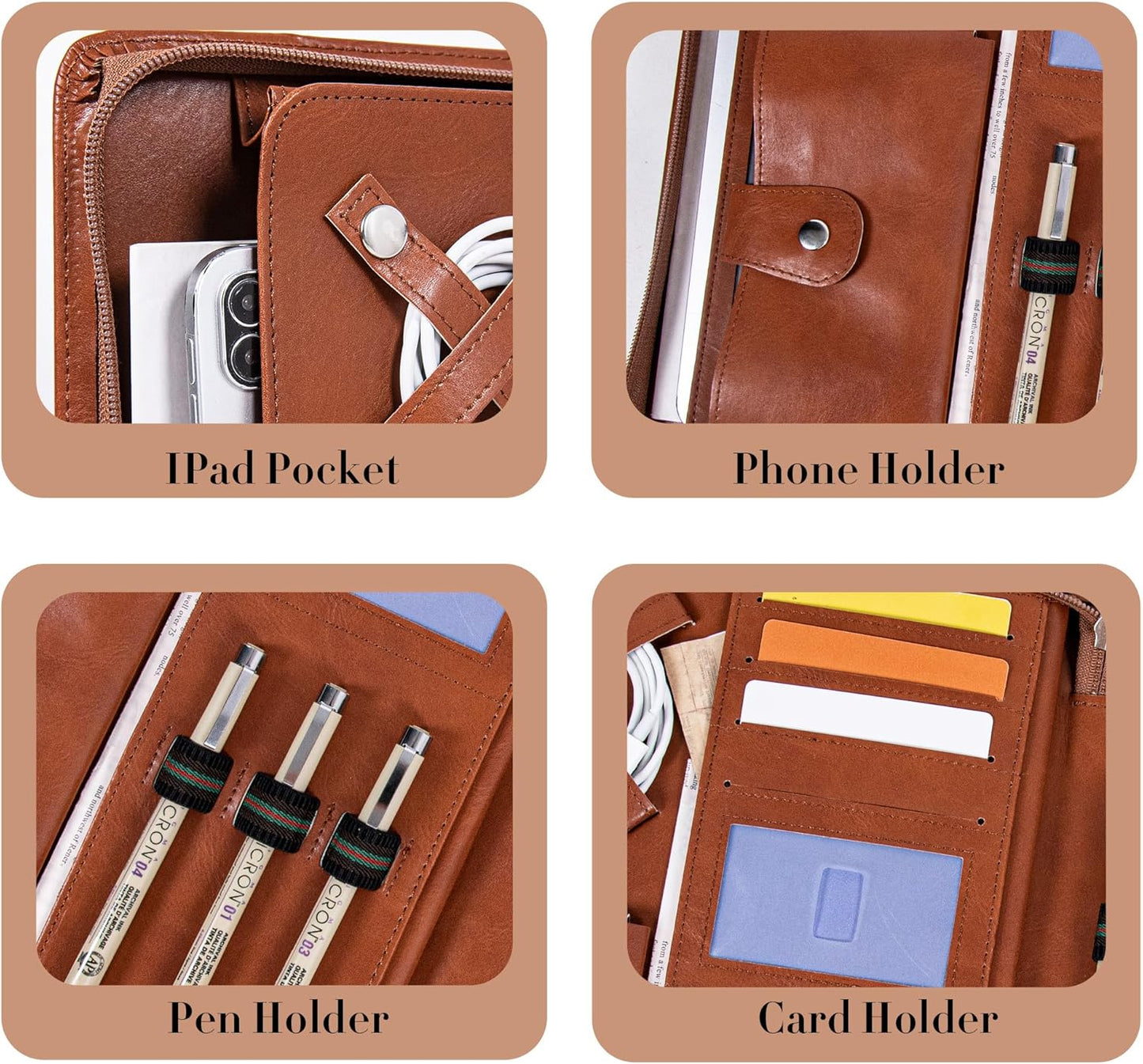 Padfolio with Zipper, Portfolio Binder, Leather Portfolio with Zipper for Men Women, Portfolio Organizer, Padfolio Business Resume A4/Pad (Custom Brown)