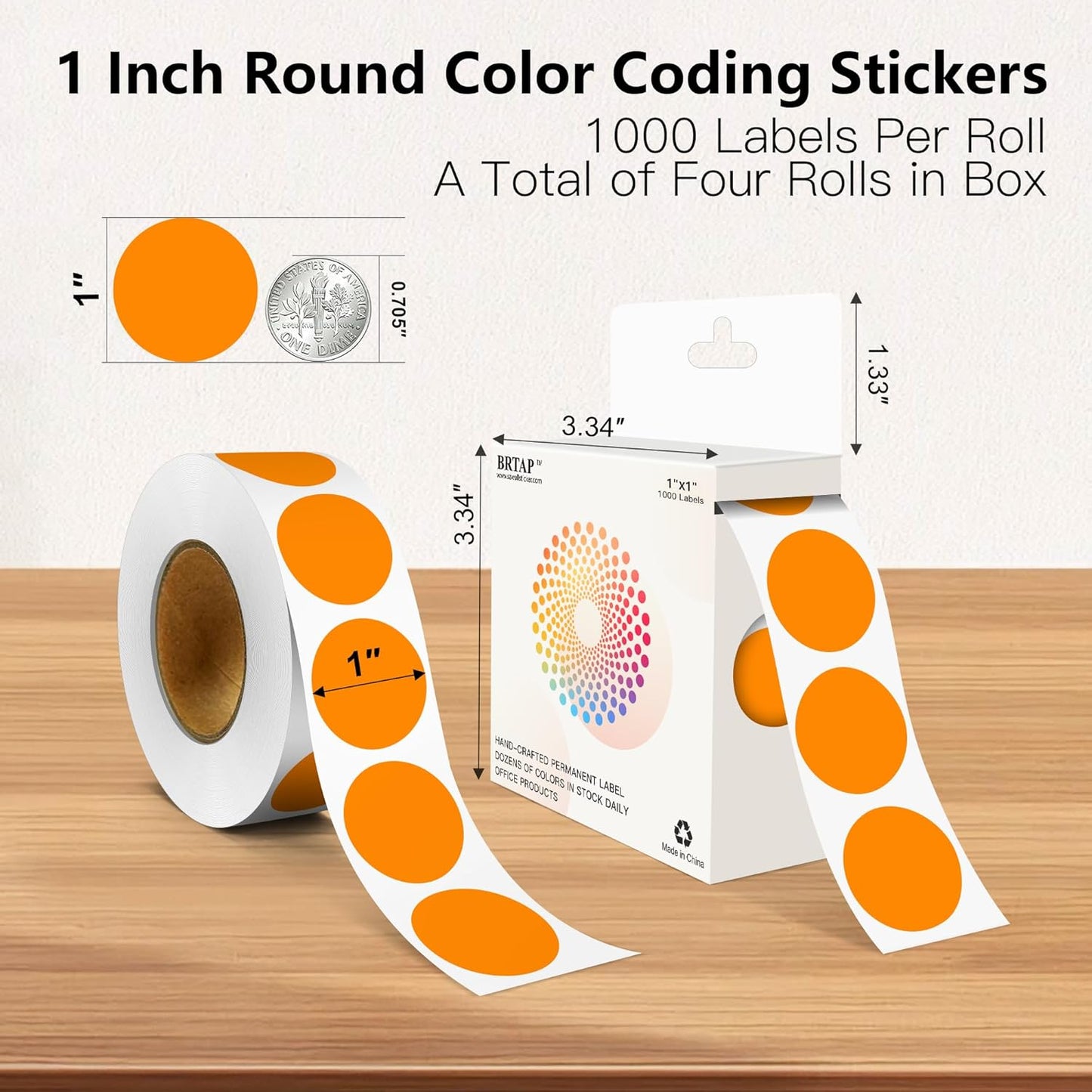 Orange 1 Inch Round Color Coding Labels with 4000 Dots, 4 Rolls - Bright Color Dot Stickers for File Folders, Inventory System - Highly Visible