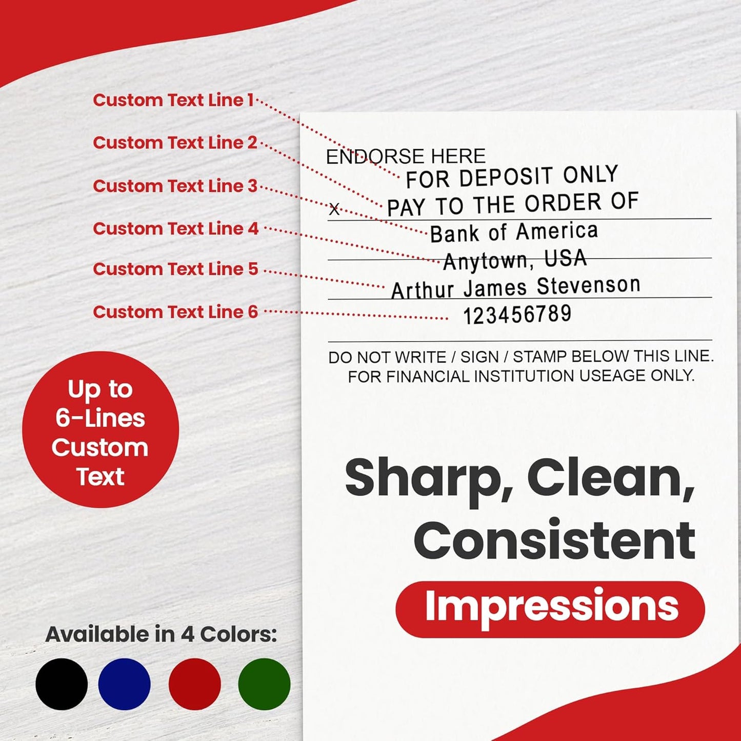 Promot Pre-Inked Custom Deposit Stamp - Personalized Text, Refillable Custom Stamp with Built-in Ink Reservoir, Easy 3-Step Re-Inking, Customized Rubber Stamp for Bank and Businesses (6-Lines)