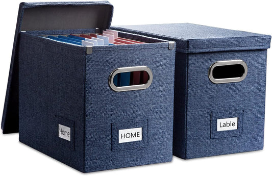 PRANDOM File Organizer Box - Set of 2 Collapsible Decorative Linen Filing Storage Hanging File Folders with Lids Office Cabinet Letter Size Navy Blue (14x9.3x10.8 inch)