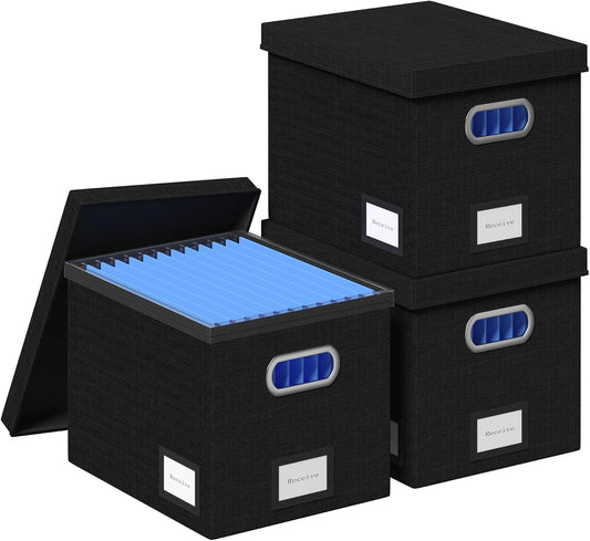 File Organizer Box File Boxes for Hanging Files with Lid Set of 3 Decorative Hanging Folders Letter Size Organizer with One-Piece Plastic Frame Slides (13.2 * 10.1 * 10.1in(3Pack), Black)
