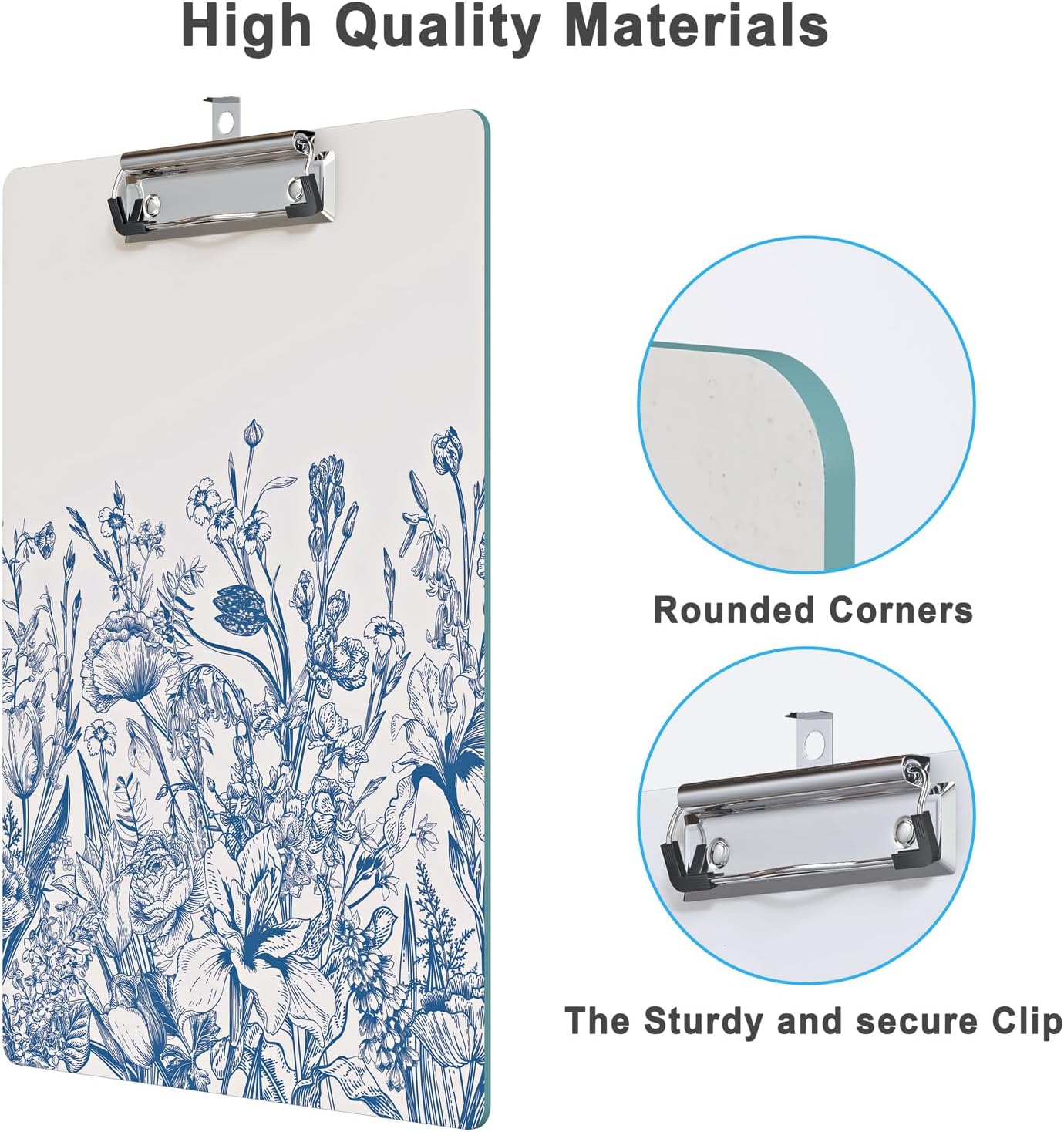 Clipboard Design Decorative Wood A4 Letter Size Clip Boards for Classroom Office, Standard Size 9" x 12.5" with Low Profile Metal Clip - Blue Flower