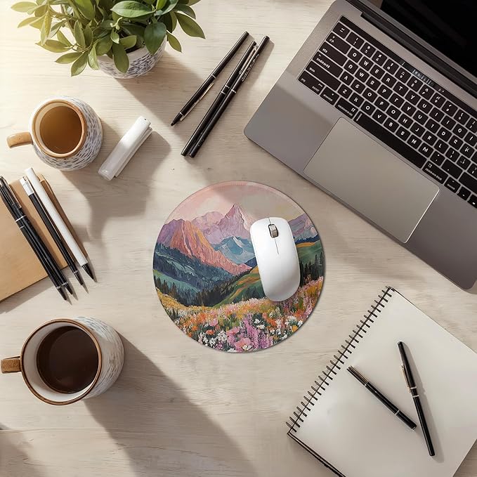 Boho Mountain Mouse Pad, Colorful Floral Watercolor Wildflower Nature Landscape Mousepad for Computer Laptop Office Desk Accessories,7.9x7.9,C069