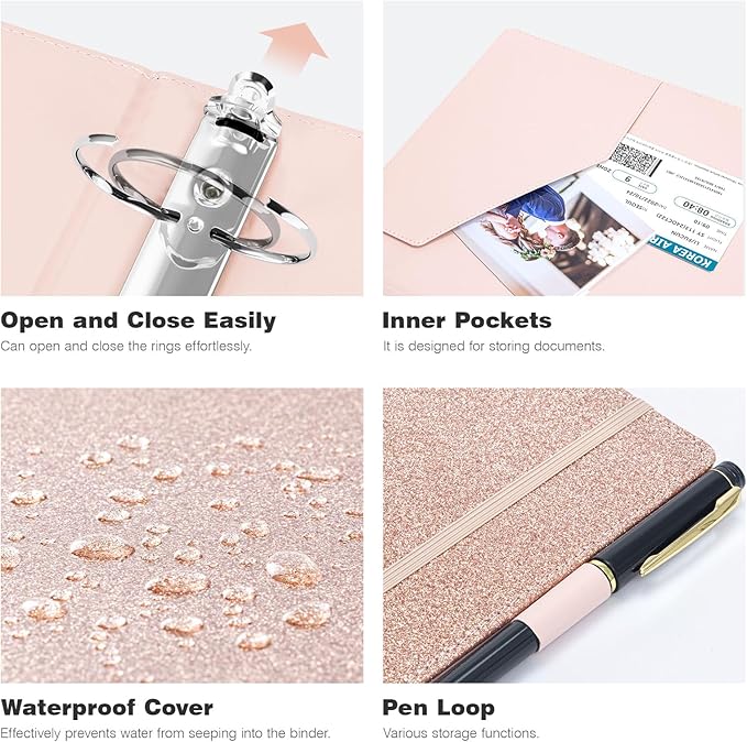 Ospelelf 3 Ring Binder with Clipboard, 2 Inch Leather, Letter Size (8.5" x 11") Dividers with 5 Tabs, Rose Gold