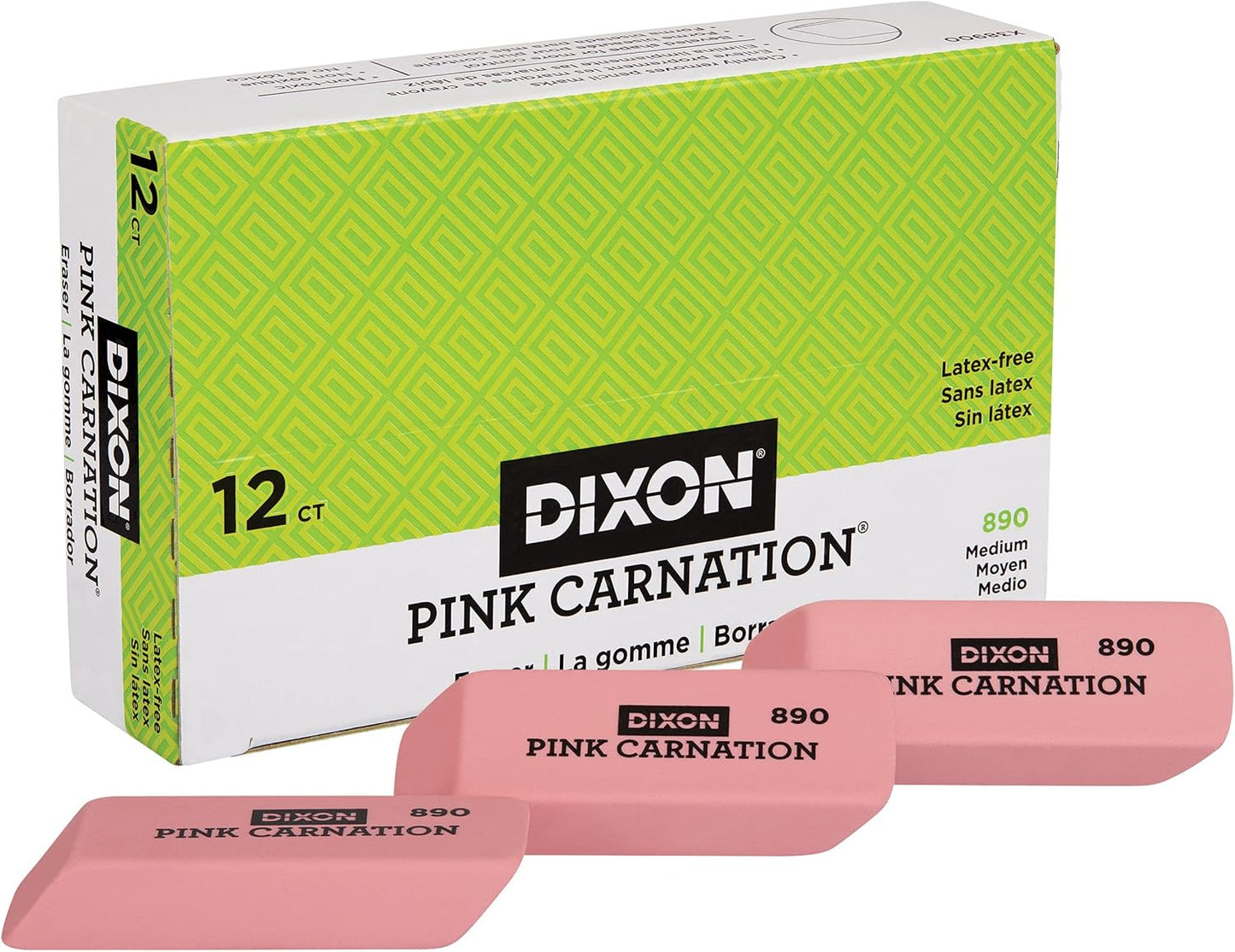Dixon Pink Carnation Wedge Erasers, Medium, Pink, 2" x .75", 12-Pack (38900)