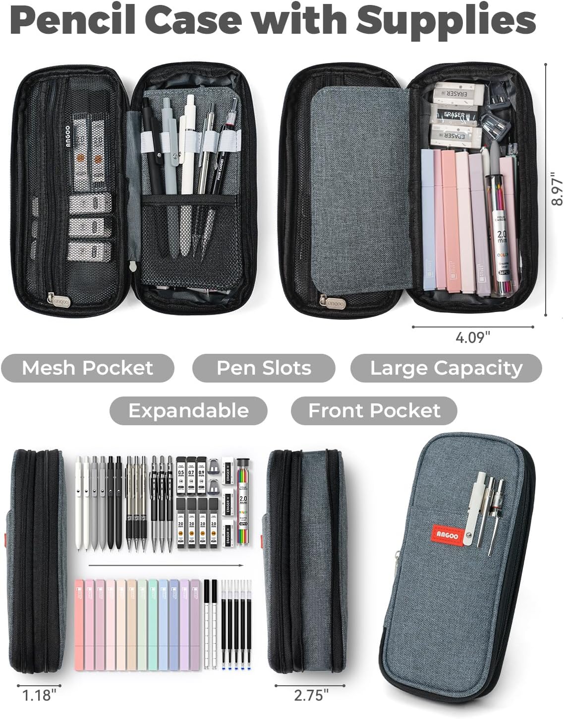 Four Candies 45 PCS School Supplies with Pen Case, 6 Gel Pens, 6 Art Mechanical Pencil Set, 12 Highlighters for College Essentials Office Stationery (Black)