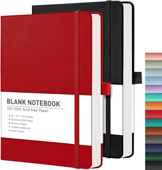 RETTACY Blank Journal Notebook, 2-Pack, 192 Pages per Pack, A5 Medium Size (5.7'' x 8.3''), Leather Hardcover, 100 GSM Thick Paper, for Sketching, Drawing, Painting (Black & Red)