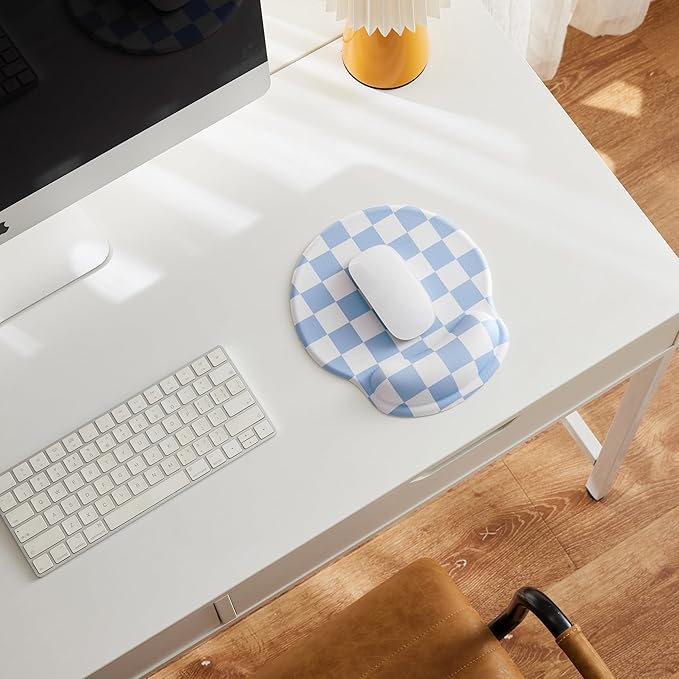 Blue Checkered Mouse Pad with Gel Wrist Rest, Wrist Support, Ergonomic Desk Accessories for Women, Office Laptop Gaming Decor, Cute Aesthetic Trendy Check Design