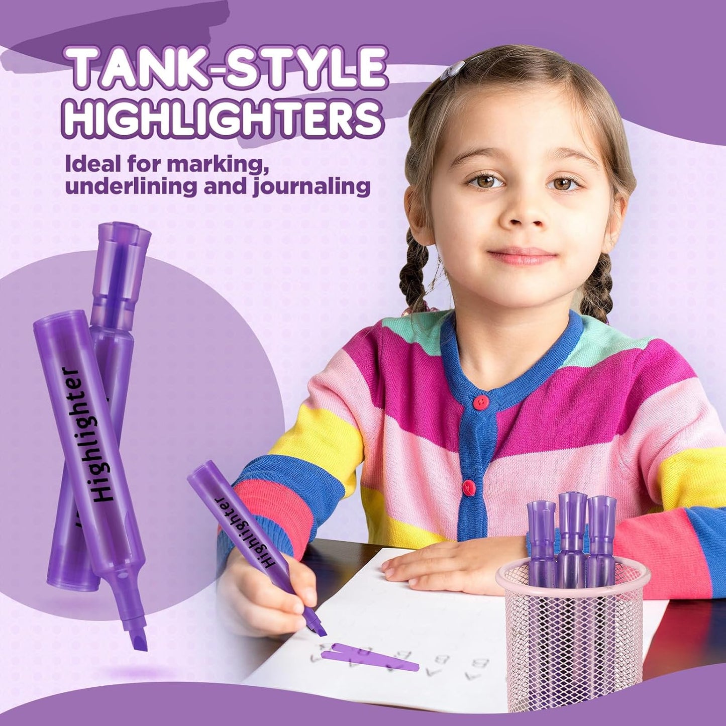 Qilery 72 Pack Highlighters Bulk, Tank Style Chisel Tip Highlighters Markers Quick Drying for Kids and Adult Coloring, Classroom Home Office School Supplies (Purple)