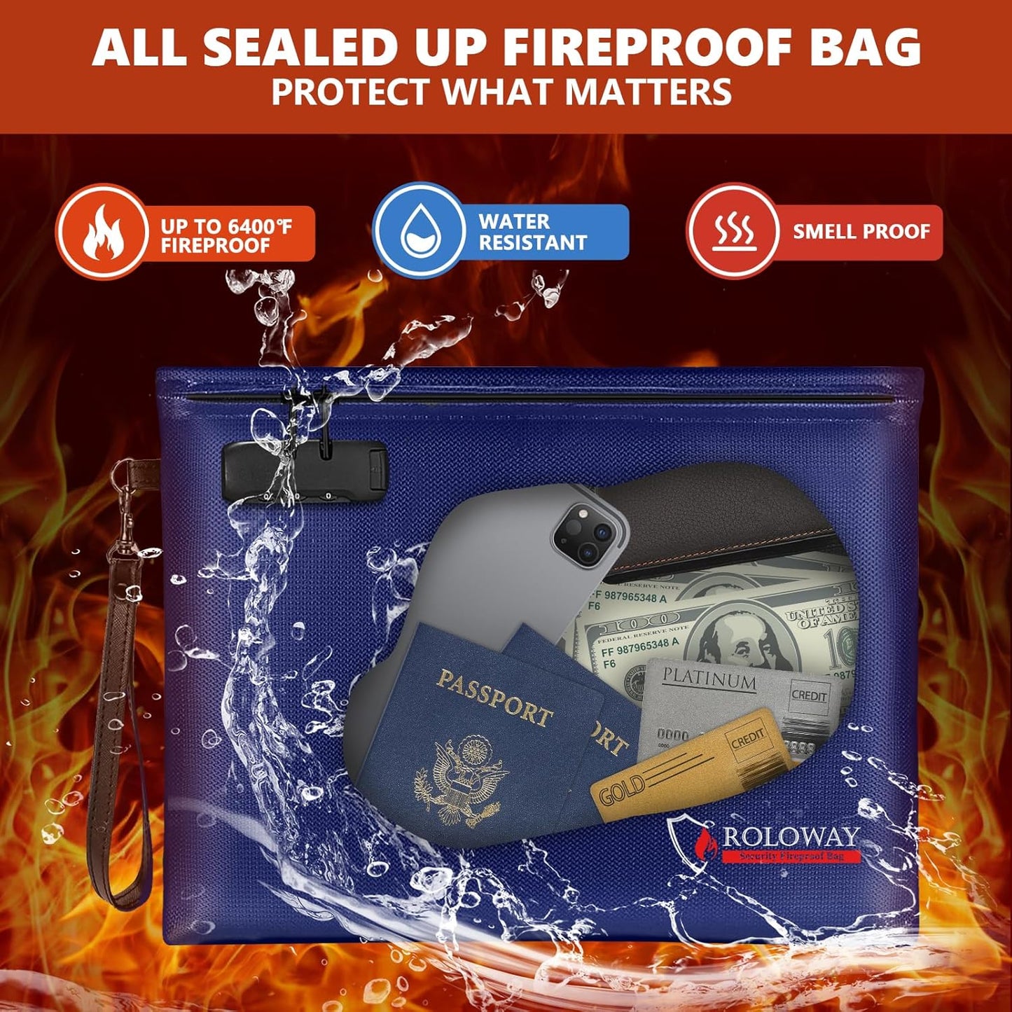 ROLOWAY Fireproof Document Bag (14.5 x 11.5 inch), 6400℉ Fireproof Money Bag with Zipper for Cash, Fire Safe Money Pouch with Lock (Blue)