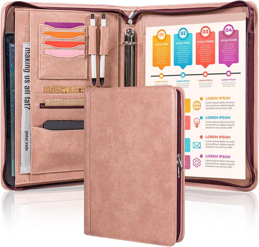 Calfinder Pink Portfolio Binder,3 Ring Binder with Zipper,PU Leather Padfolio with Zipper for Women, Professional Business Portfolio Organizer for Resume/Interview, A4 Letter Document Organizer