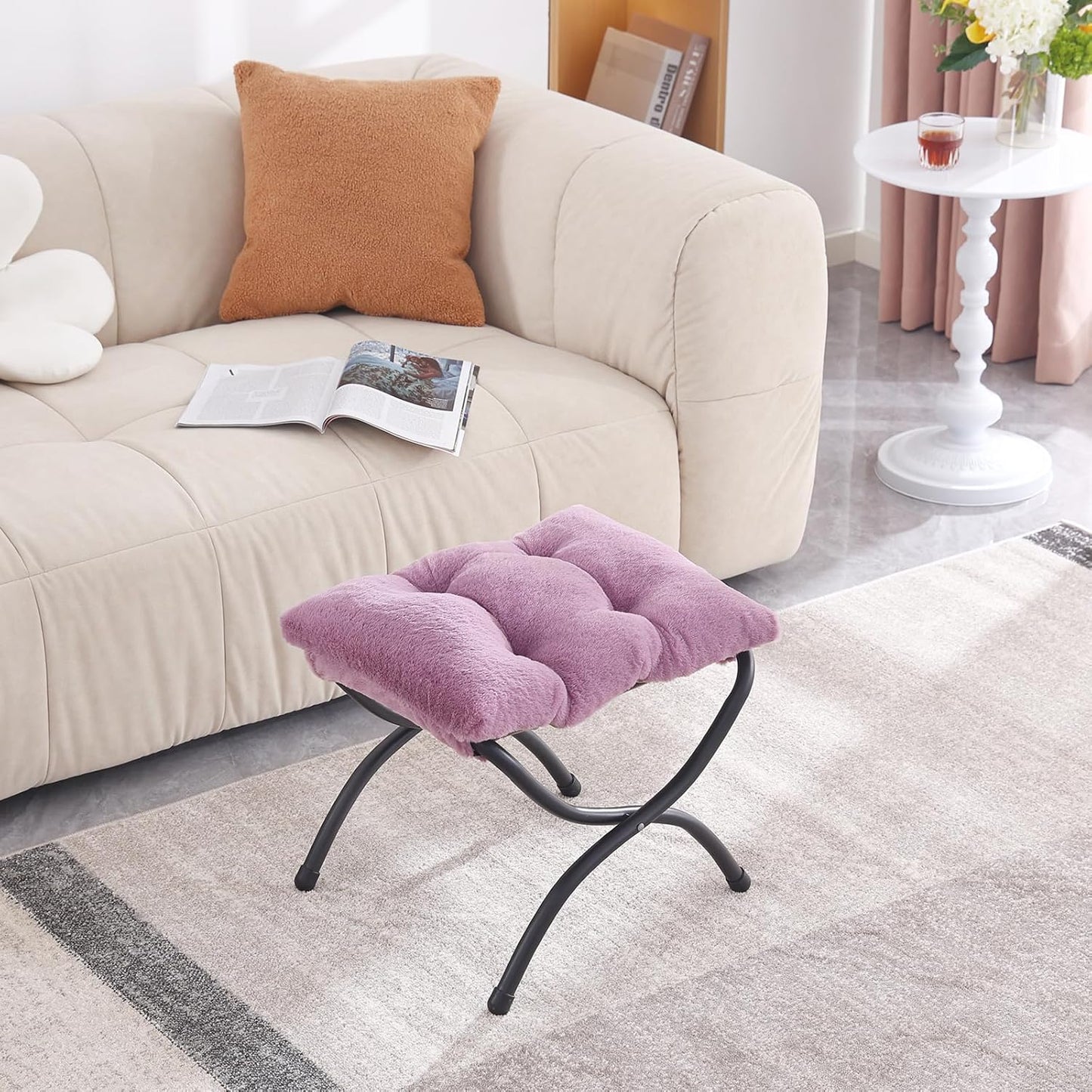 LITA Folding Upholstered Footrest Stool, Modern Small Portable Accent Ottoman with Detachable Thick Cotton Cushion Padded Sofa Stool with Metal Frame for Lazy Chair, Living Room & Bedroom