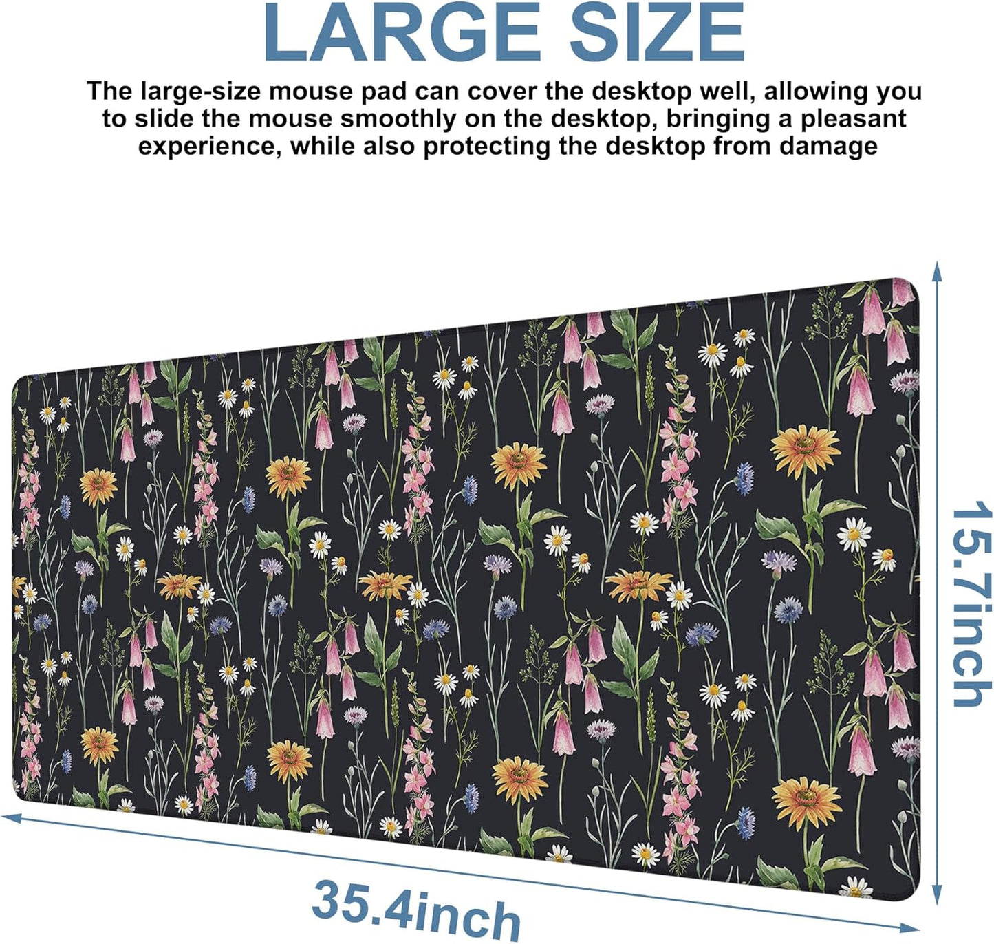 Large Mouse Pad Field Flowers Gaming Desk Pad Computer Keyboard Non-Slip Waterproof Mouse Mat with Rubber Base and Stitched Edges Entertainment Office Writing Desk Mat 35.4 x 15.7 Inches