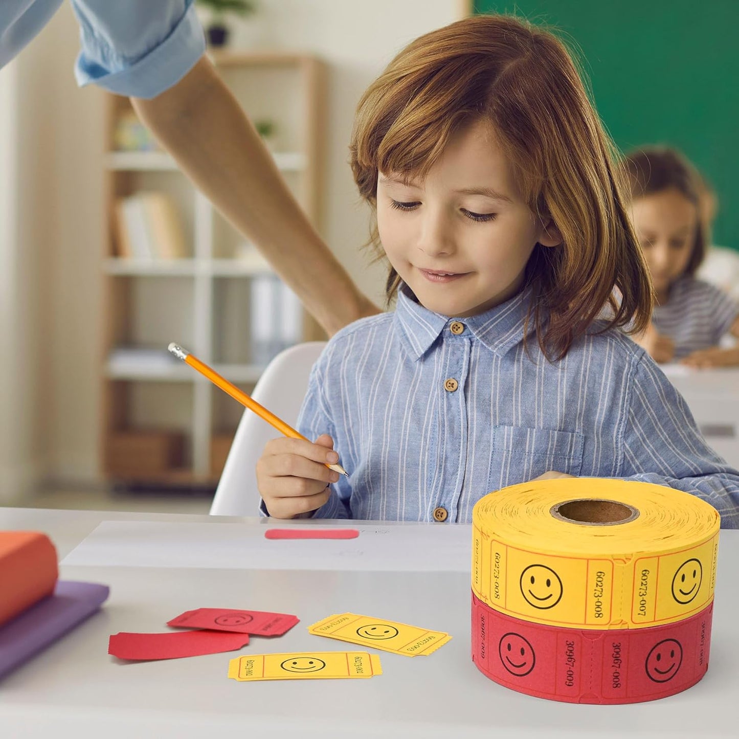 L LIKED Raffle Tickets, 1000 Count, Smile,2 Color Set of 500 1" x 2" Tickets, Single Rolls Raffle Tickets for Raffles, Carnival, Door Prizes and Class Reward-Yellow/Red