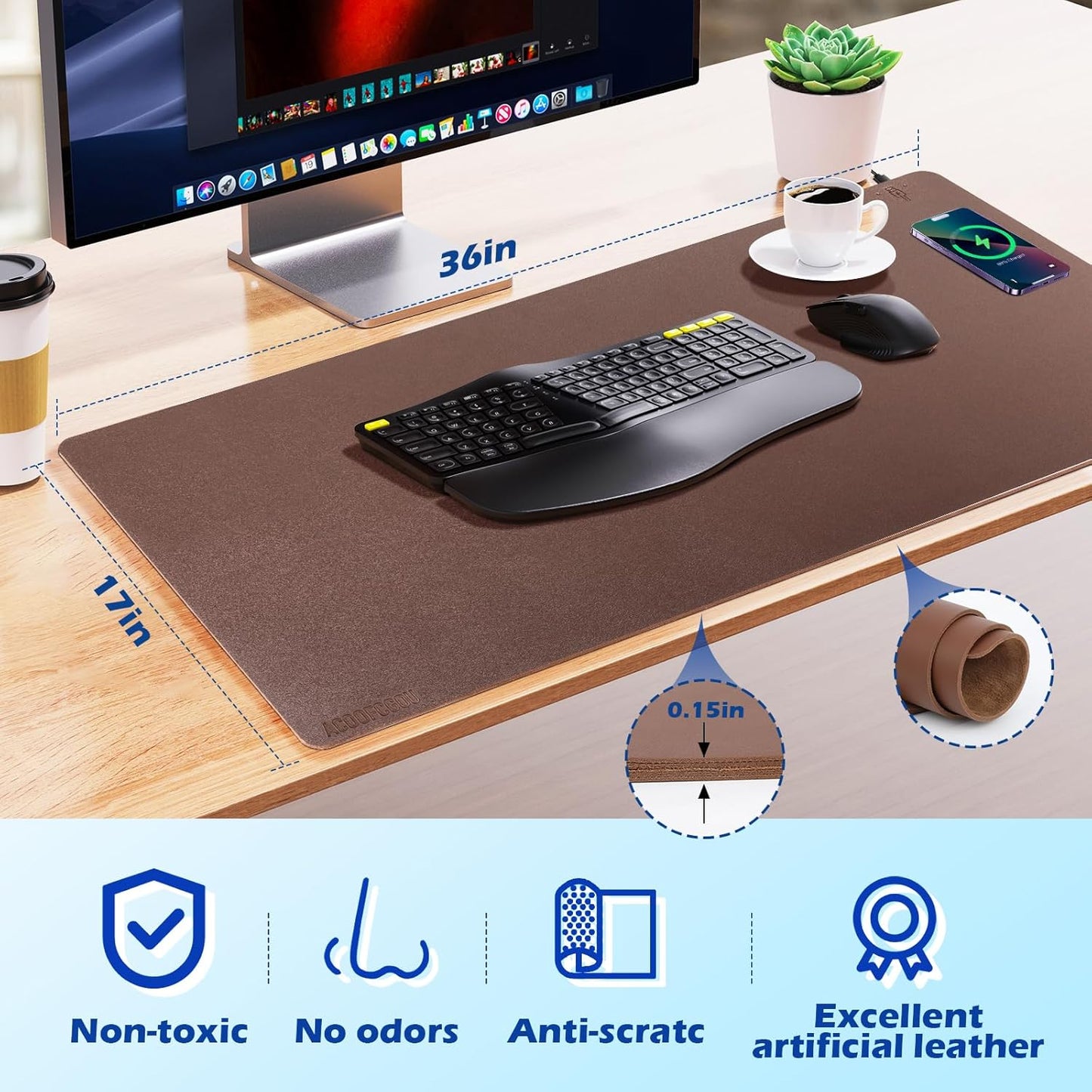 Wireless Charging Desk Mat with Desk Pad for Desktop Charging Large Mouse Pad Waterproof Leather Computer Mat Mouse Pad Non-Slip Protector on Top of Desks for Keyboard and Mouse (brown-r, 36*17inch)