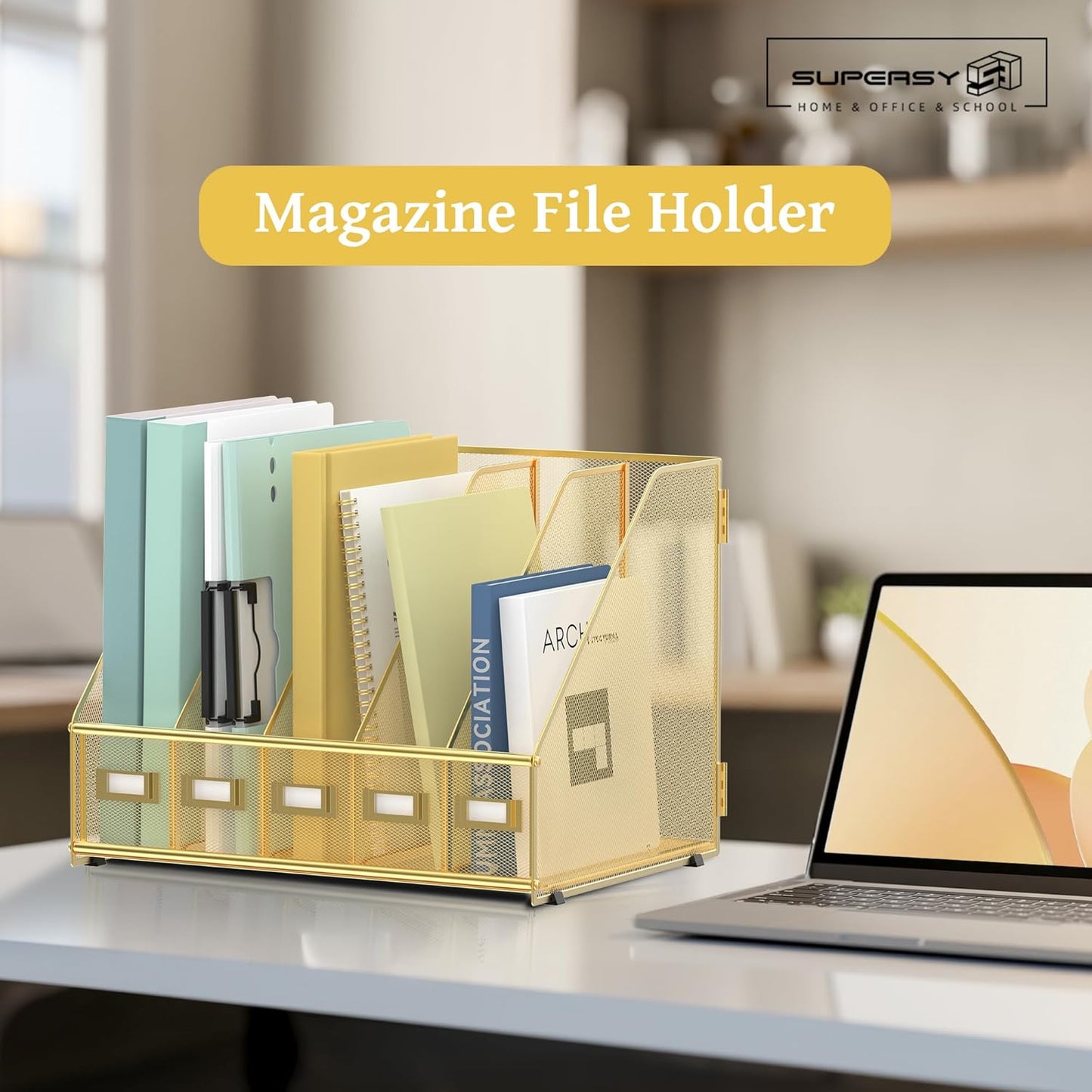 SUPEASY Desk Organizers Metal Desk Magazine File Holder with 5 Vertical Compartments Rack File Organizer for Office Desktop, Home Workspace, Gold
