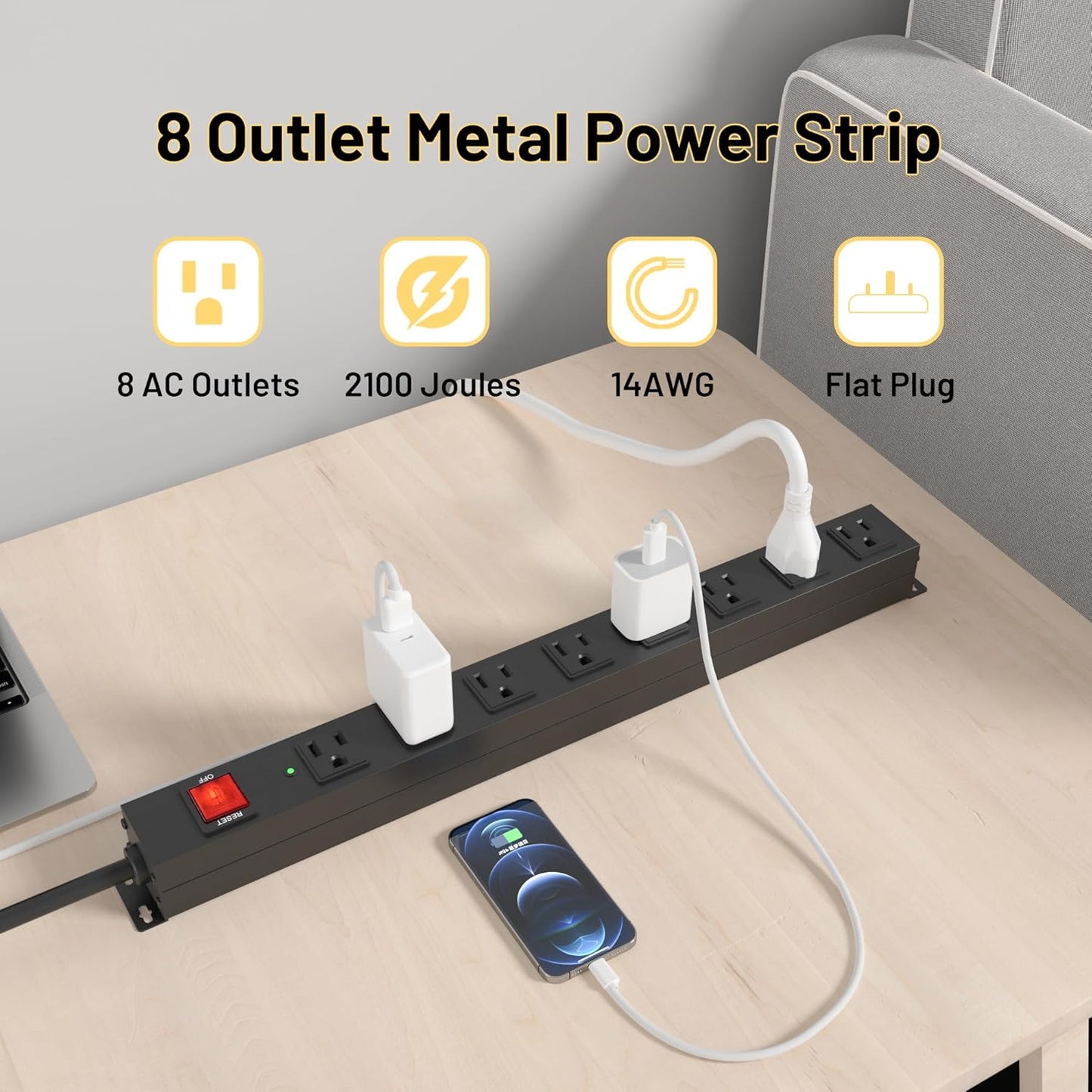 KF 8 Outlet Heavy Duty Power Strip Surge Protector, 2100J Surge Protection Power Strip, 15A/1875W Mountable Power Strips with Upgraded Switch, 14AWG 10FT Power Cord