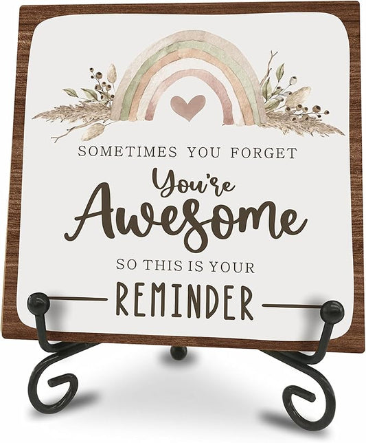 Boho Rainbow Wooden Sign -You Are Awesome Positive Reminder Motivational Wood Plaque With A Support Frame - Home & Office Inspirational Gifts For Women And Man, Desk Decor & Accessories - A13
