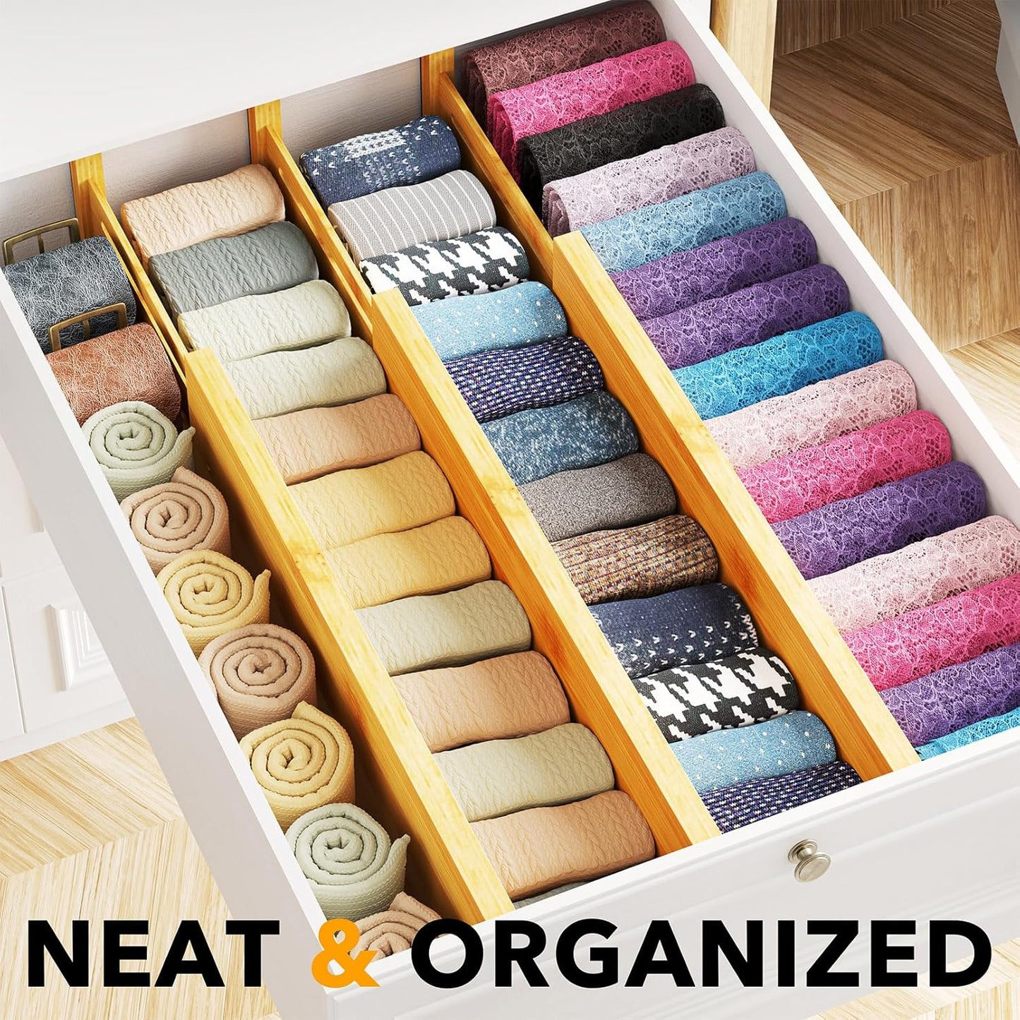 SpaceAid Bamboo Dresser Drawer Dividers 6 Pack, 4.65“ High Adjustable 17“-22” Drawer Organizers, Expandable Organization for Clothing, Clothes, Dressers, Natural