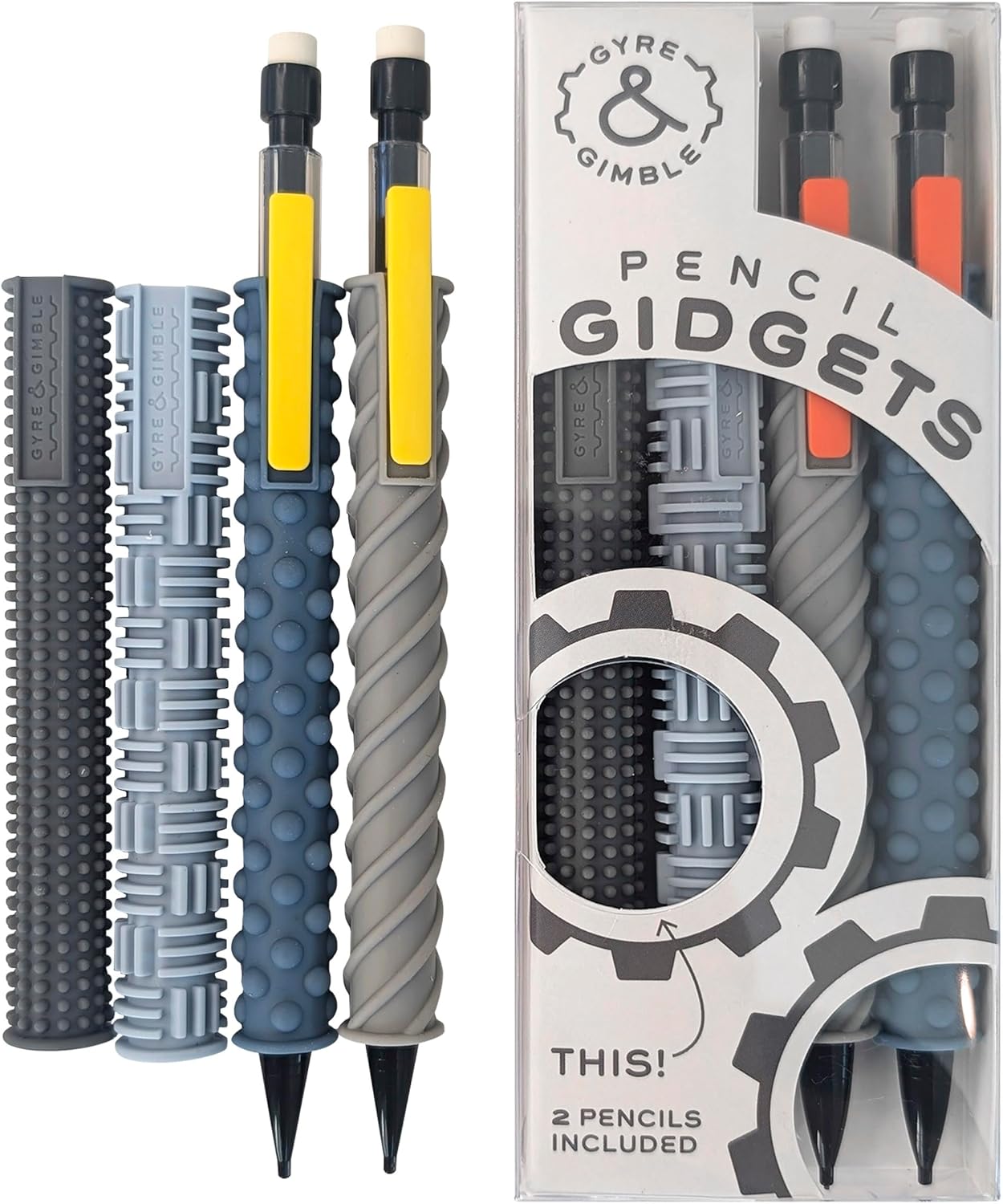 Gyre & Gimble Pencil Gidgets – Textured Silicone Pencil Sleeve for Quiet Fidgeting – Transform Your Mechanical Pencil into a Sensory ADHD Tool for Kids and Adults – 4 Sleeves & 2 Pencils - Gray