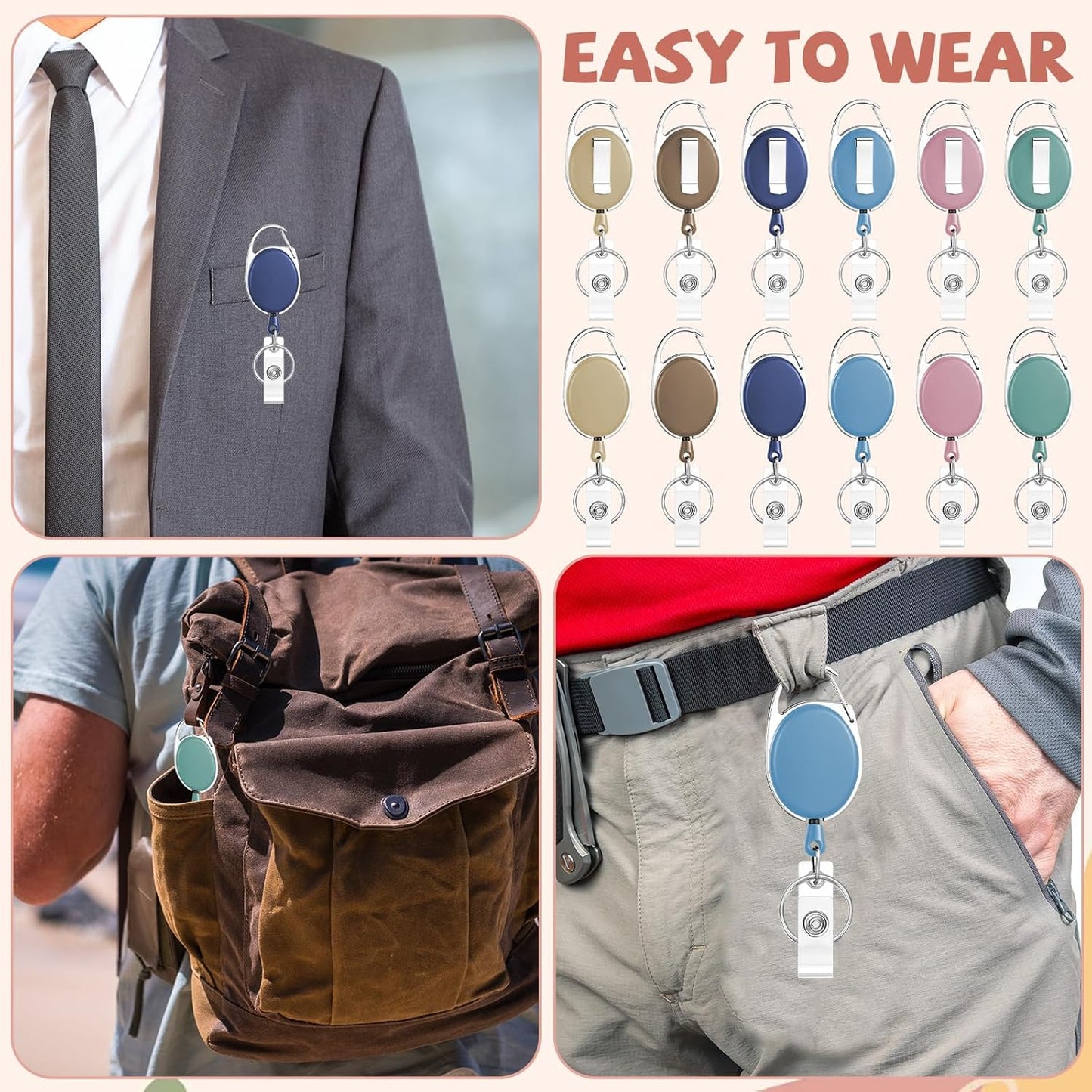 6 Color 24 Pcs Retractable Badge Holder with Carabiner Clips and Key Ring ID Badge Holder Retractable Clip Bulk for Office Worker Doctor Nurse Employee School Students Gifts