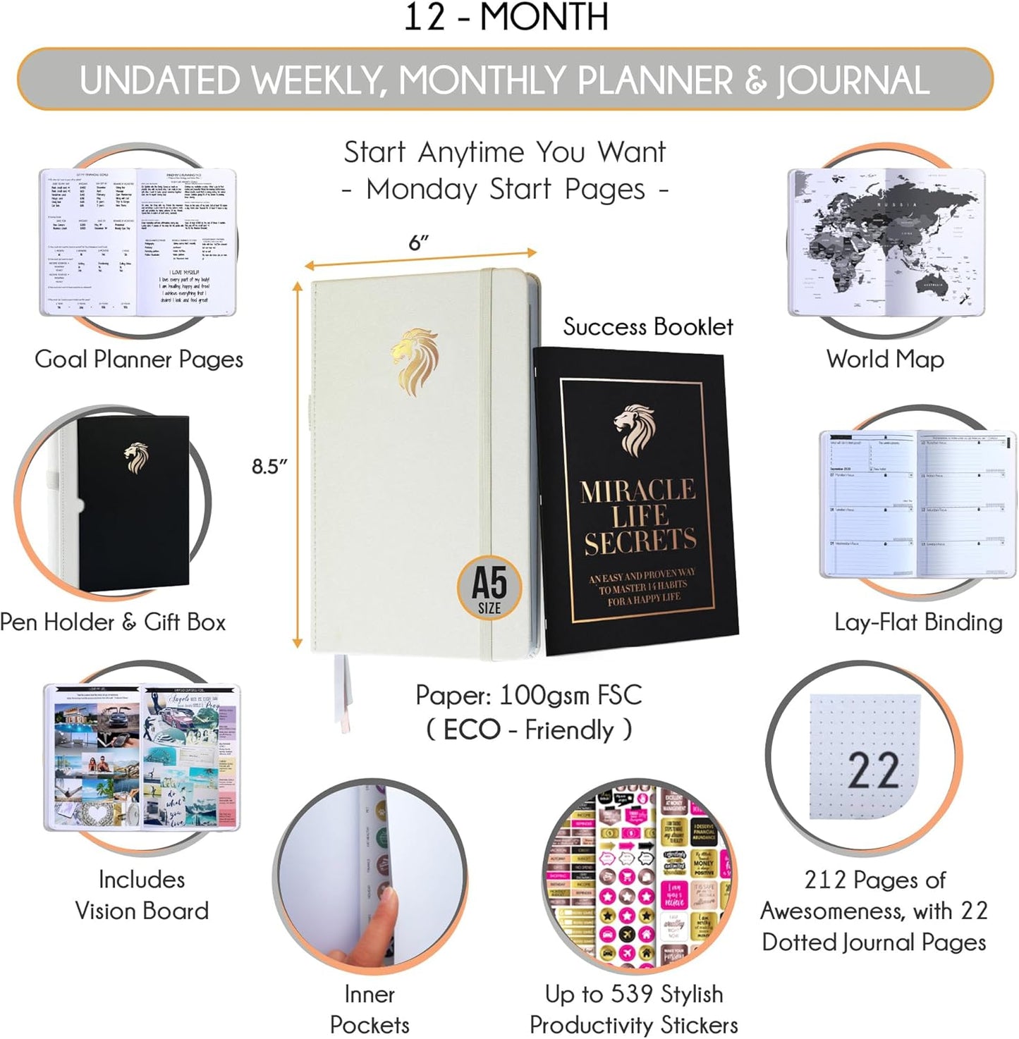 Life Planner - Undated Daily, Weekly & Monthly Planner with Budget Section | A 12 Month Journey to Increase Productivity & Happiness | Life Organizer & Gratitude Journal - Horizontal Format