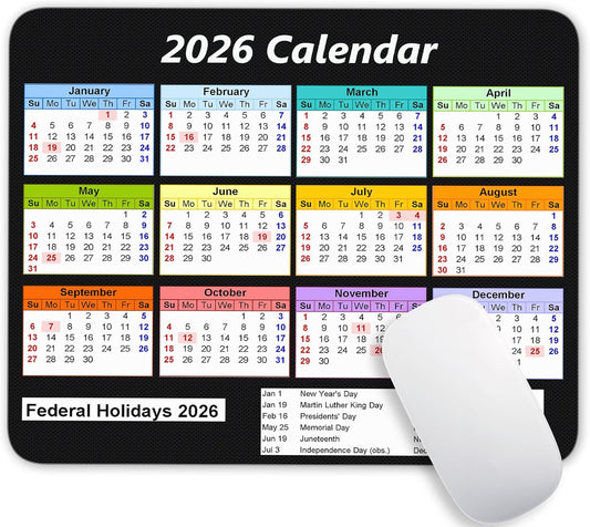 2026 Color Calendar and Holiday Horizontal Edition Calendar Mouse pad, Non-Slip Rubber Base Quality Creative Gaming Rectangle Personalized Desk Mouse Pad 9.5 inch x 7.9 inch