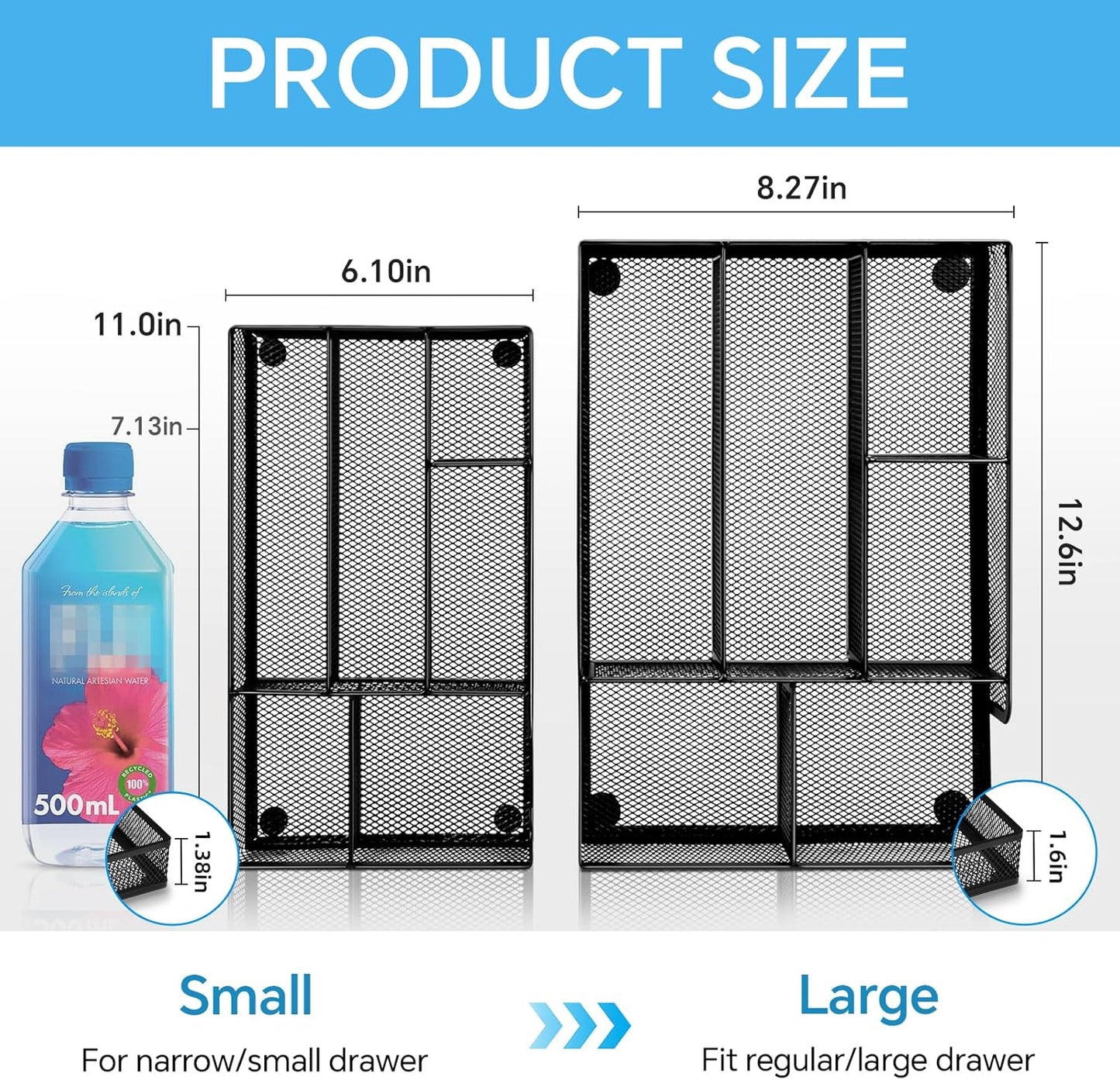 Desk Drawer Organizer, Office Drawer Divider Organizer Tray with 6 Compartments, Metal Mesh Desktop Organization and Accessories for Stationery Makeup Kitchen Toolroom School ＆ Office, 11x6.1x1.38 in
