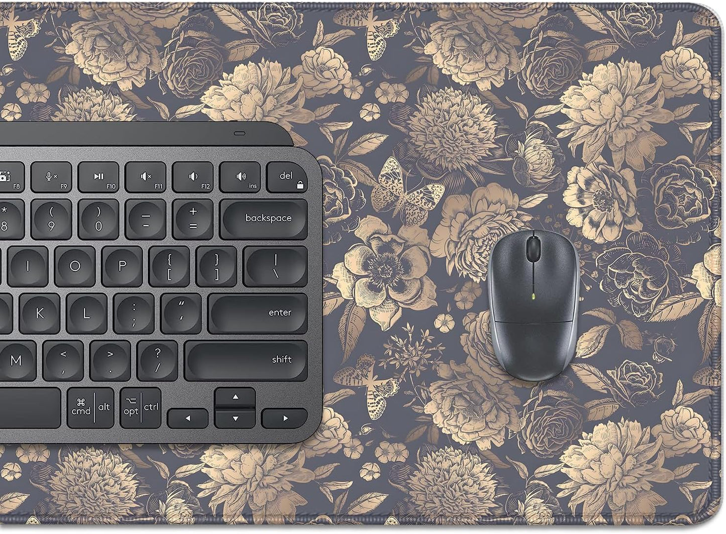 Vintage Roses and Peonies Desk Pad Mouse Pad,Dark Floral Mouse Mat with Stitched Edges,Non-Slip Rubber Base Black Mousepad for Office PC Keyboard Laptop and Home Work Desk Mat(27.5X11.8 in)