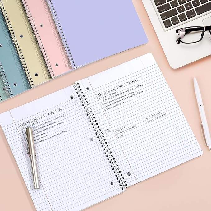 SUNEE Spiral Notebooks, 1-Subject, 20 Pack, College Ruled Paper, 8" x 10-1/2", 70 Sheets per Notebook,3-Hole Punched Paper, Pink,Purple, Blue, Green, Yellow Spiral Lined Notebooks for School,Work