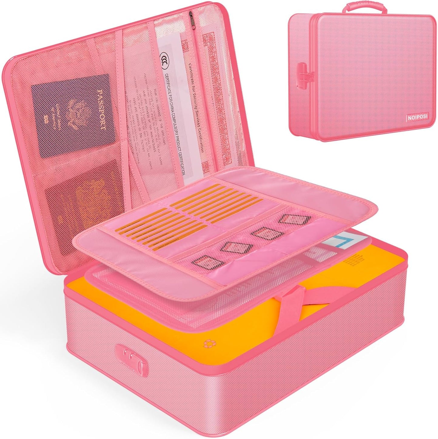 Noiposi Document Organizer with 5200℉ Heat Insulated,Waterproof and Fireproof Document Box,Portable Home Travel Safe Storage Box for Important Documents,File and Birth Certificate，Pink